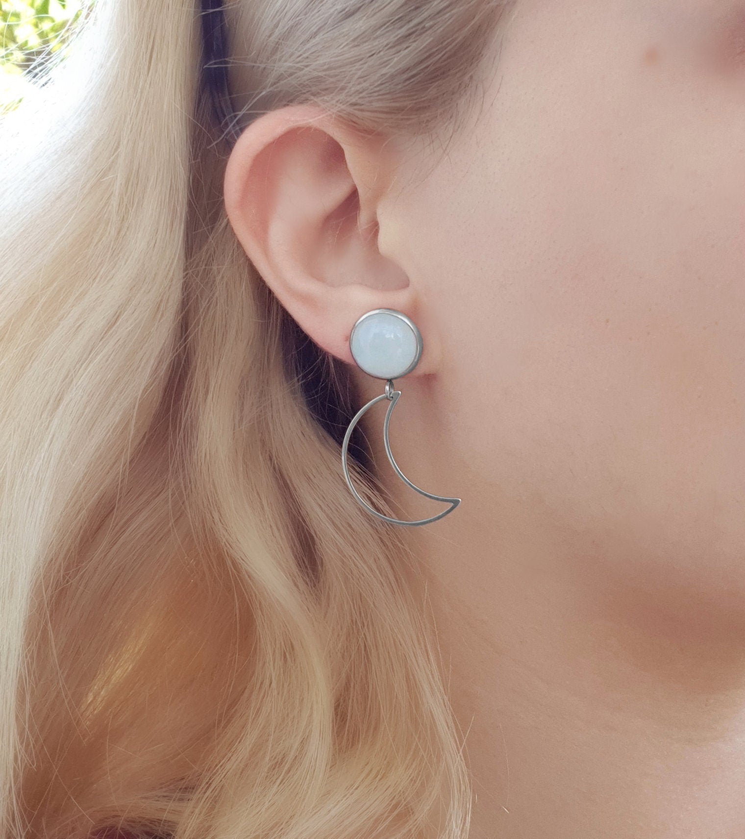 Labradorite Half Moon Dangle Earrings: Surgical Steel Studs - LunarGem - 