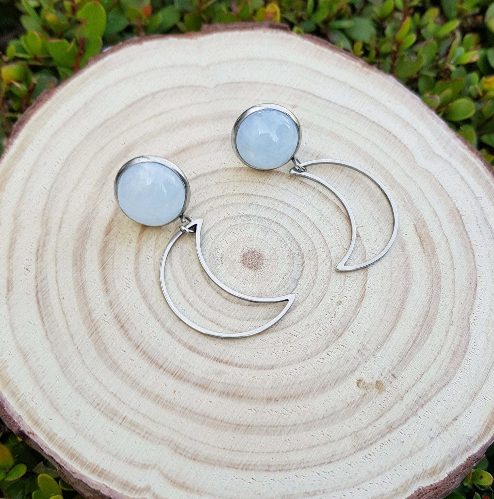 Labradorite Half Moon Dangle Earrings: Surgical Steel Studs - LunarGem - 