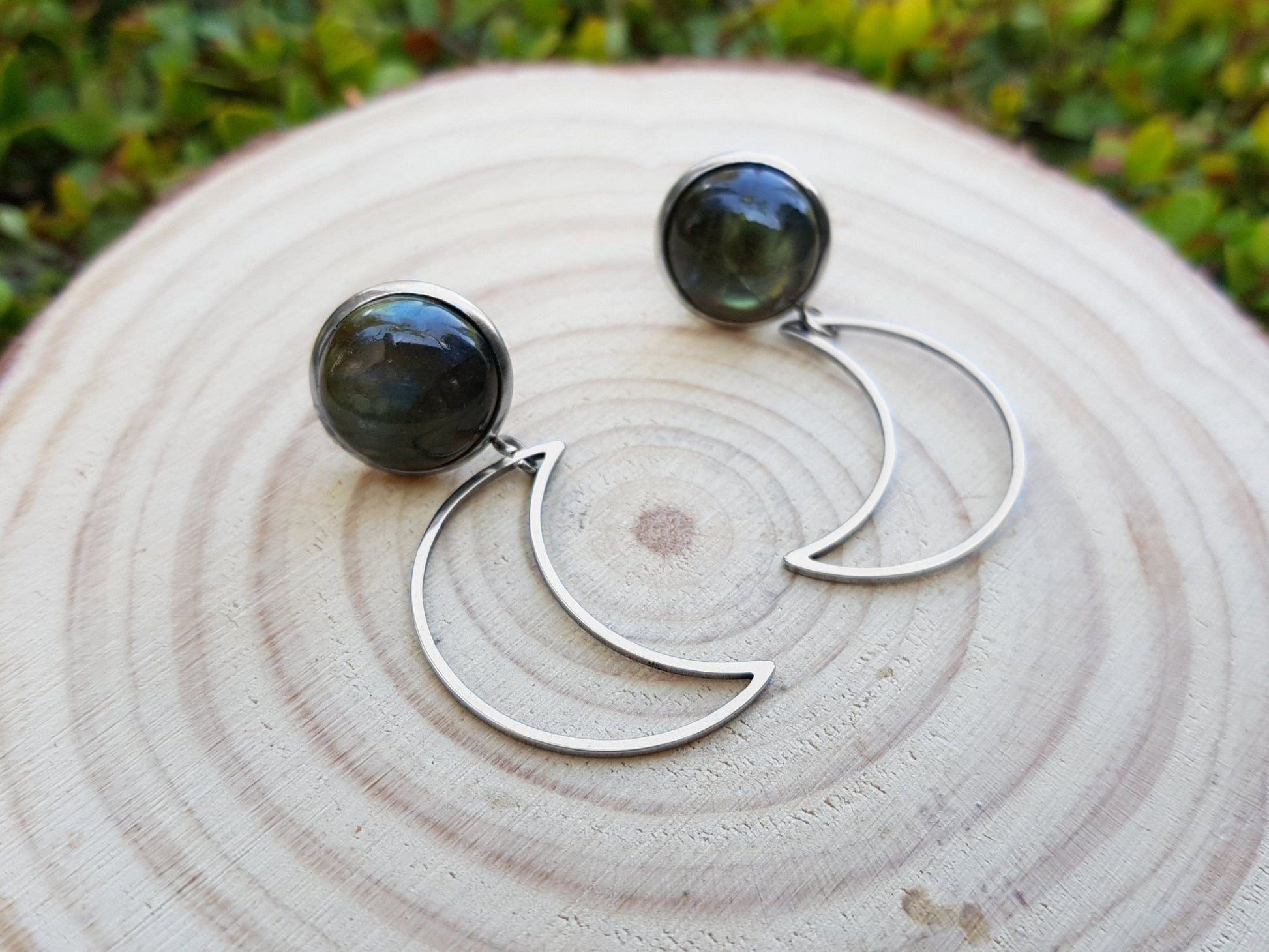 Labradorite Half Moon Dangle Earrings: Surgical Steel Studs - LunarGem - 