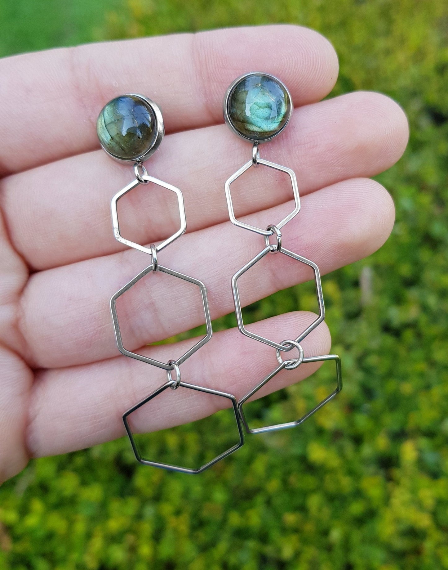 Labradorite Hexagon Dangle Earrings, Hypoallergenic Stainless Steel - LunarGem - Earrings