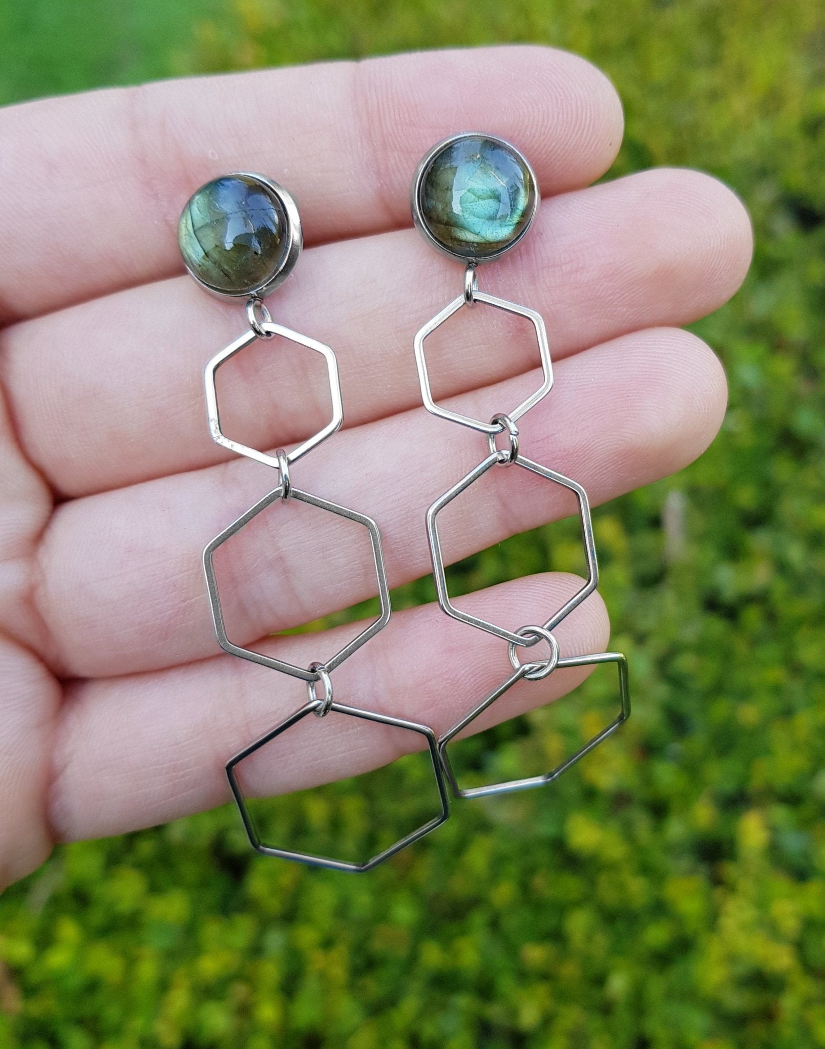 Labradorite Hexagon Dangle Earrings, Hypoallergenic Stainless Steel - LunarGem - Earrings