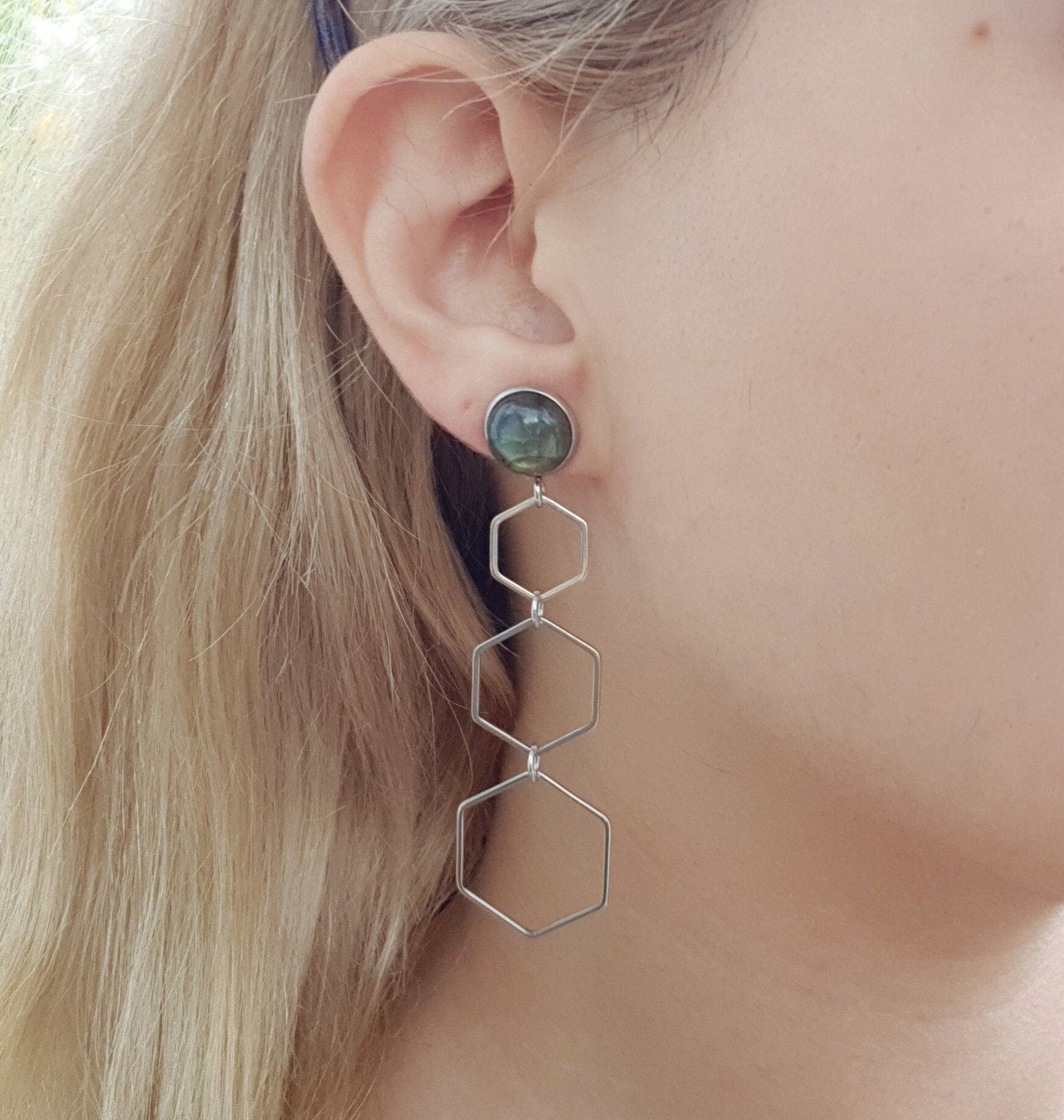 Labradorite Hexagon Dangle Earrings, Hypoallergenic Stainless Steel - LunarGem - Earrings