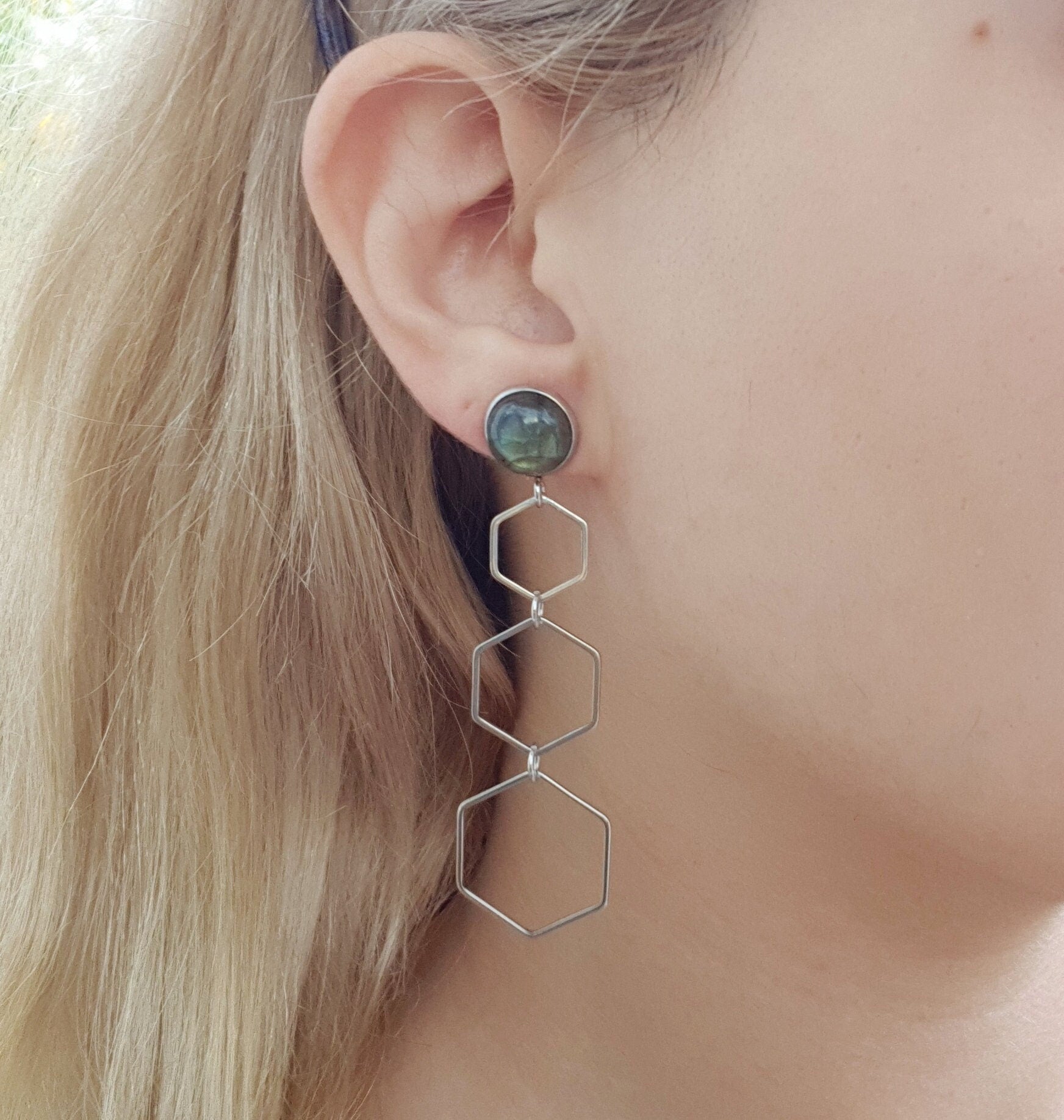 Labradorite Hexagon Dangle Earrings, Hypoallergenic Stainless Steel - LunarGem - Earrings