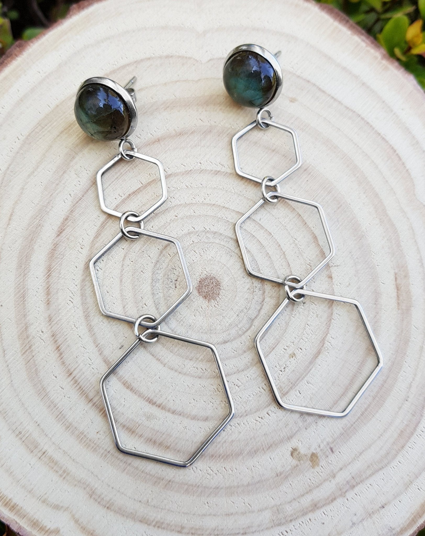 Labradorite Hexagon Dangle Earrings, Hypoallergenic Stainless Steel - LunarGem - Earrings