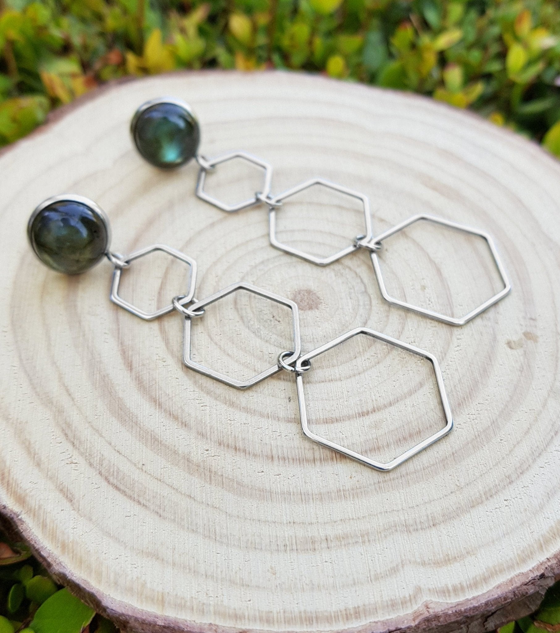 Labradorite Hexagon Dangle Earrings, Hypoallergenic Stainless Steel - LunarGem - Earrings