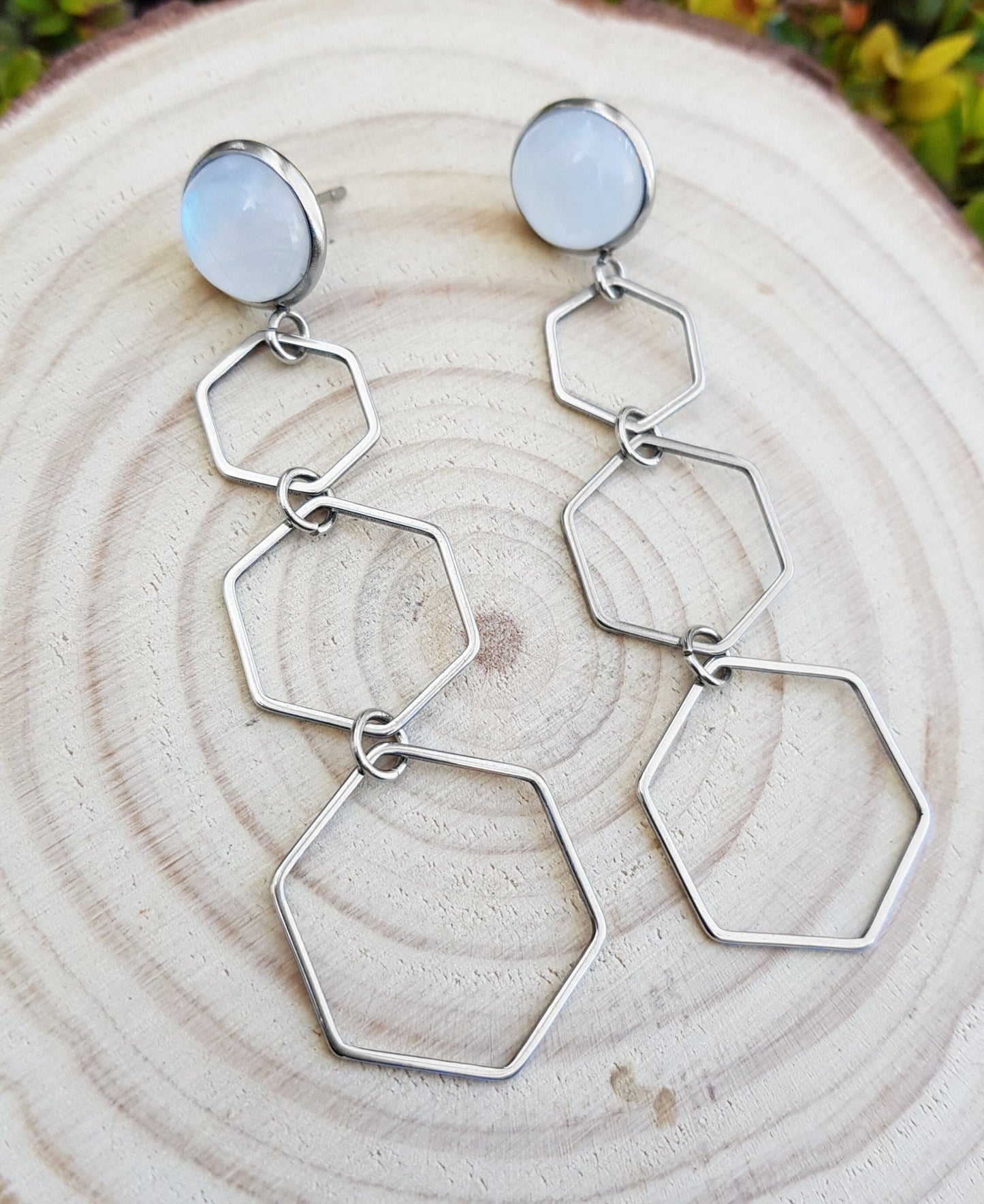 Labradorite Hexagon Dangle Earrings, Hypoallergenic Stainless Steel - LunarGem - Earrings
