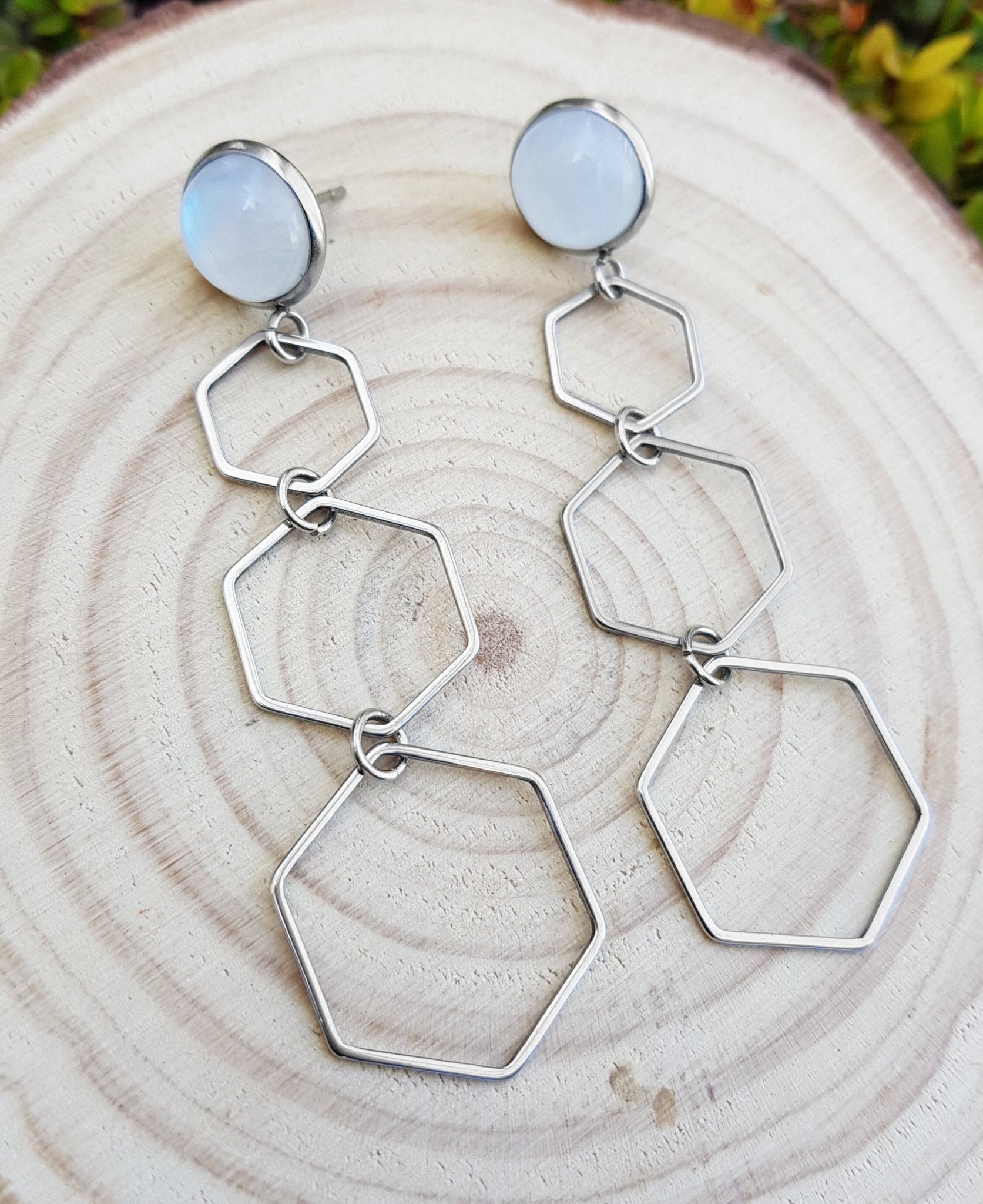 Labradorite Hexagon Dangle Earrings, Hypoallergenic Stainless Steel - LunarGem - Earrings