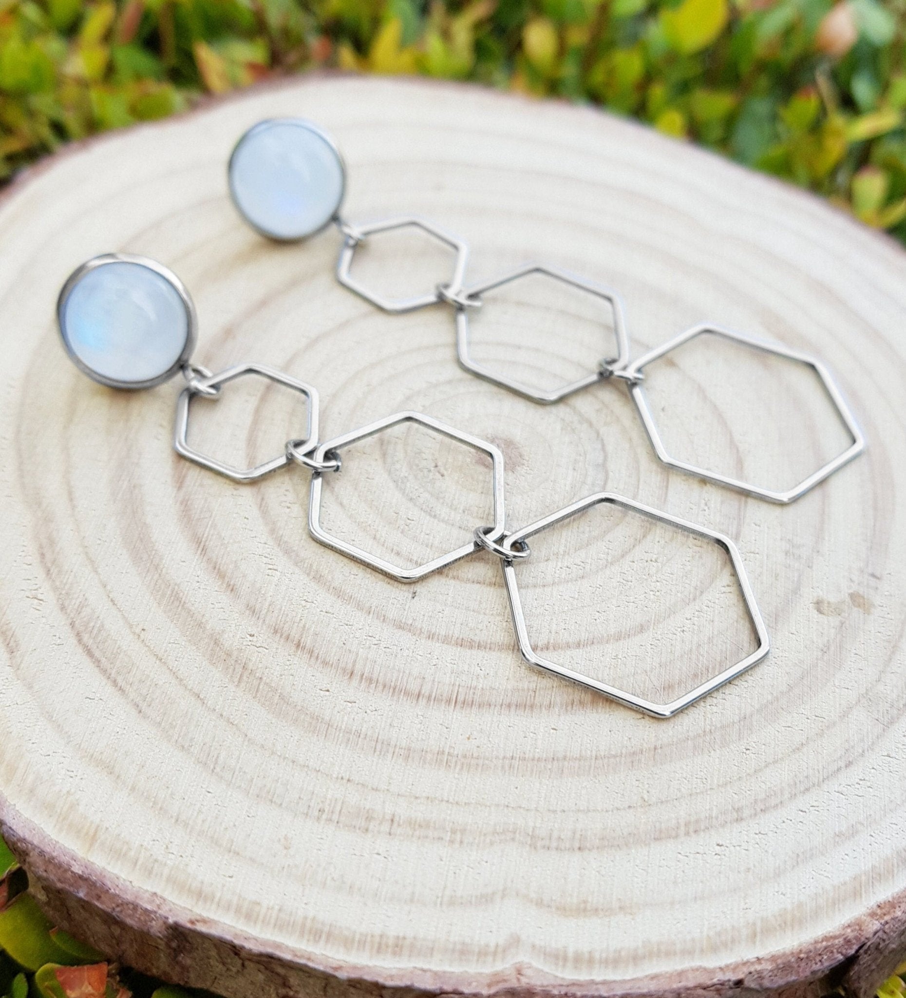Labradorite Hexagon Dangle Earrings, Hypoallergenic Stainless Steel - LunarGem - Earrings