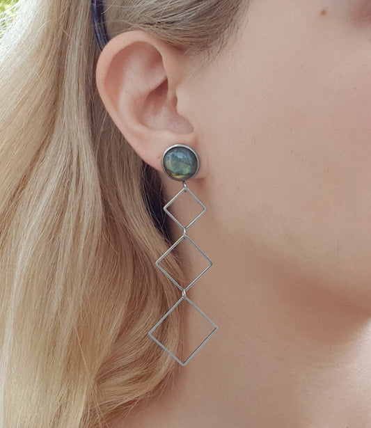 Labradorite Hexagon Dangle Earrings, Hypoallergenic Steel, 8cm Drop - LunarGem - Earrings