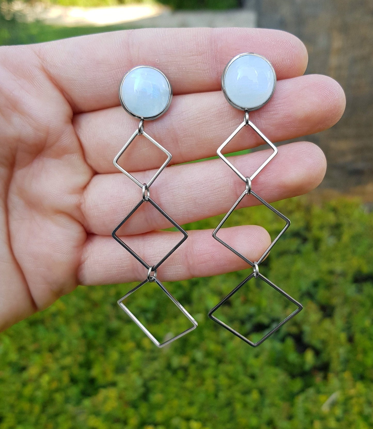 Labradorite Hexagon Dangle Earrings, Hypoallergenic Steel, 8cm Drop - LunarGem - Earrings