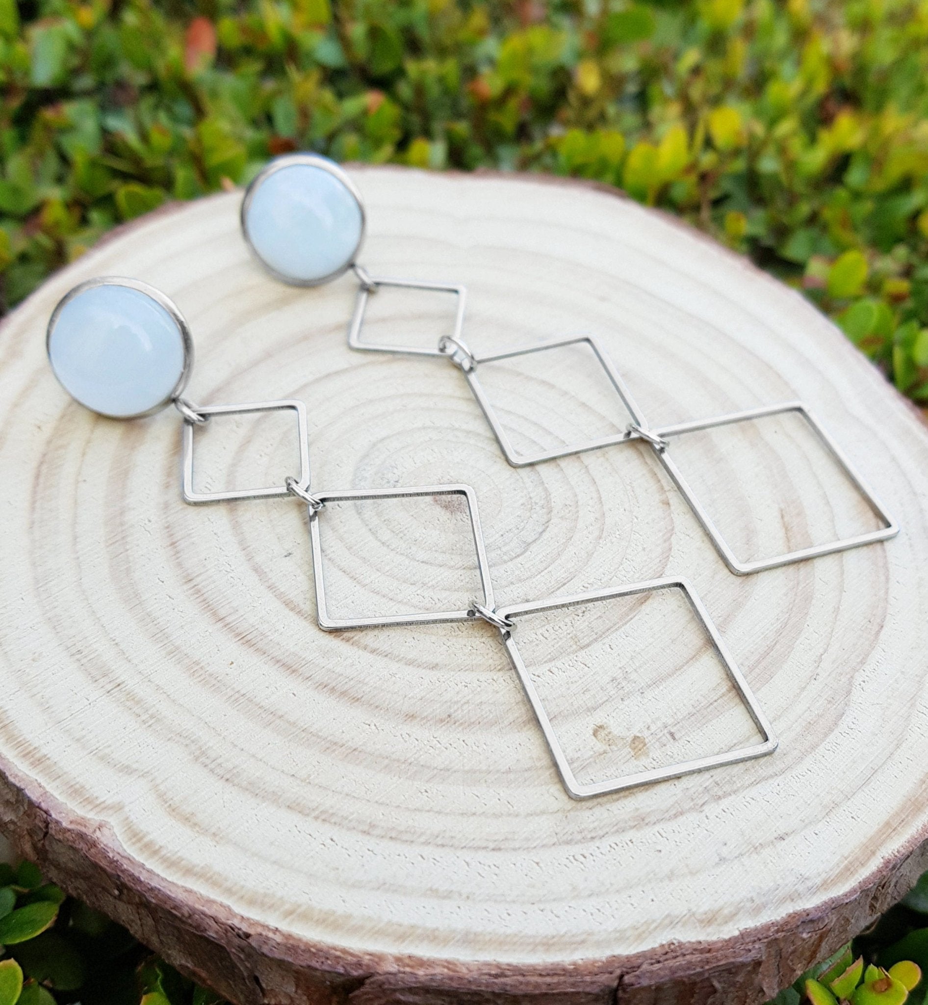 Labradorite Hexagon Dangle Earrings, Hypoallergenic Steel, 8cm Drop - LunarGem - Earrings