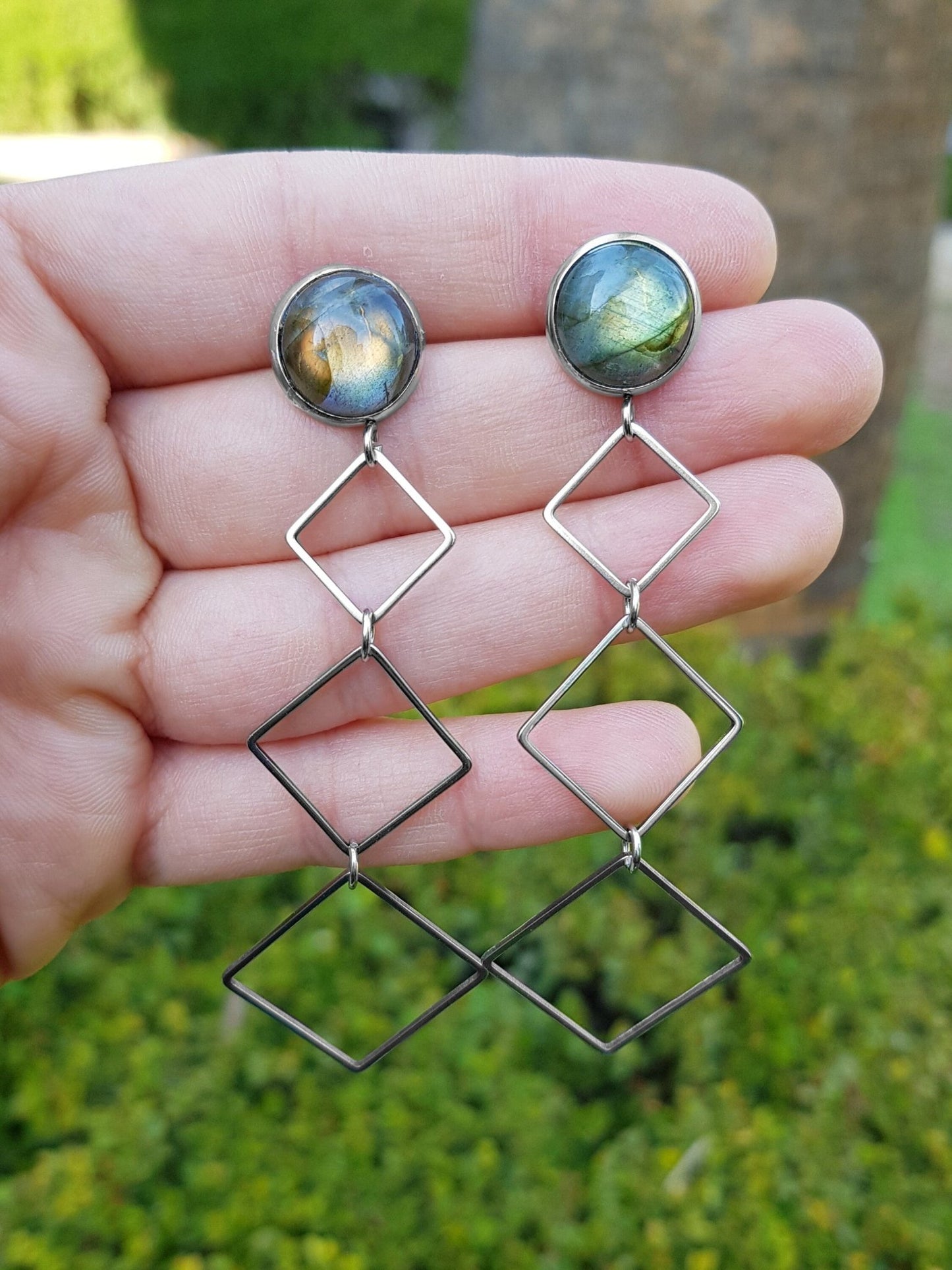Labradorite Hexagon Dangle Earrings, Hypoallergenic Steel, 8cm Drop - LunarGem - Earrings