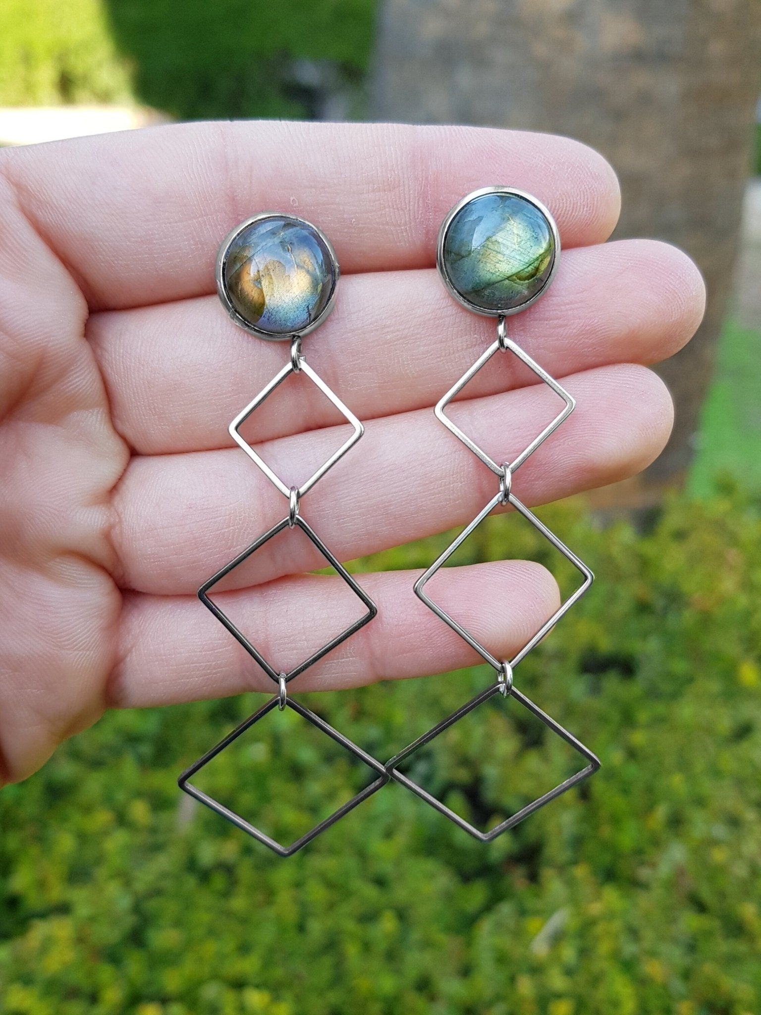 Labradorite Hexagon Dangle Earrings, Hypoallergenic Steel, 8cm Drop - LunarGem - Earrings