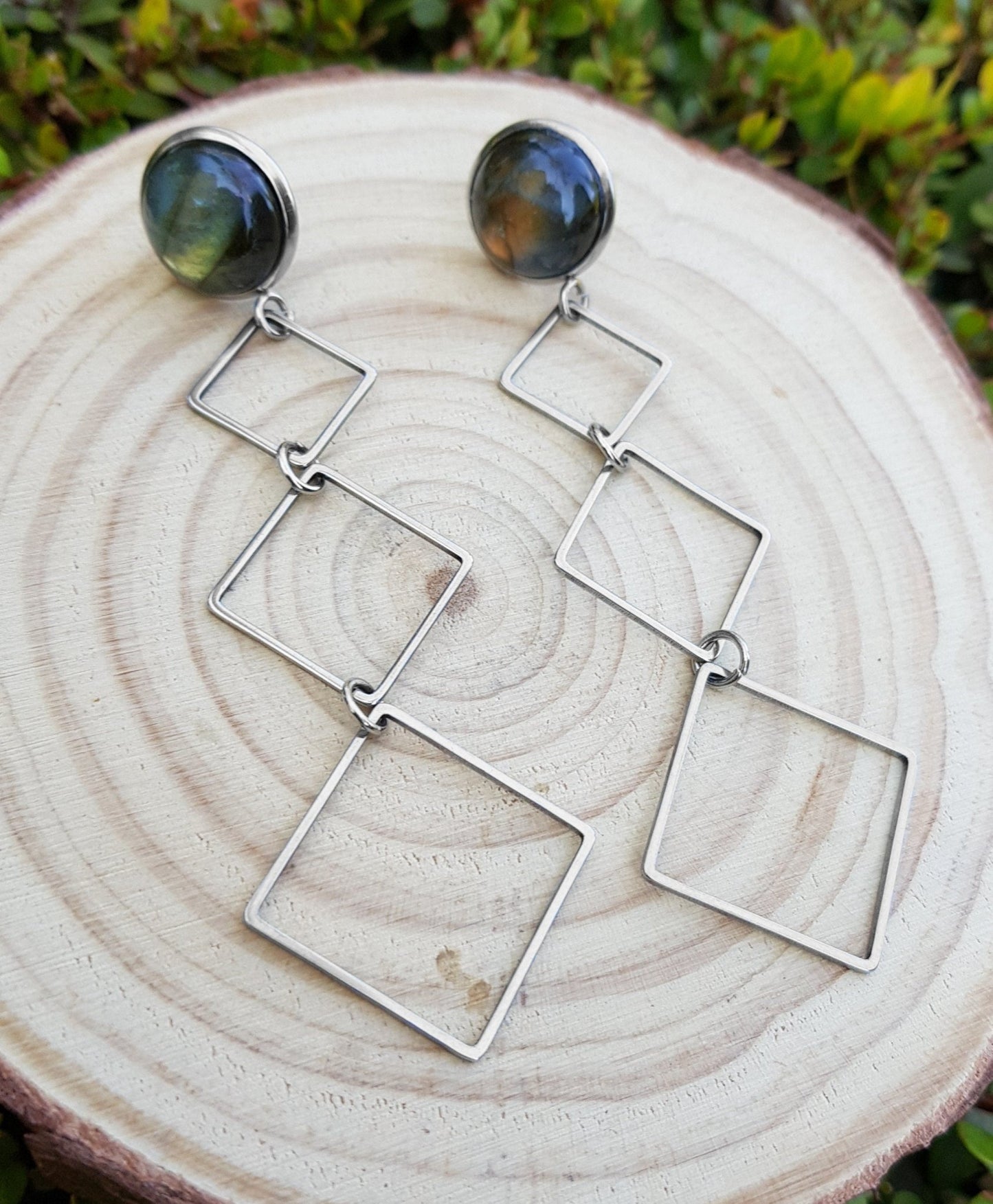 Labradorite Hexagon Dangle Earrings, Hypoallergenic Steel, 8cm Drop - LunarGem - Earrings