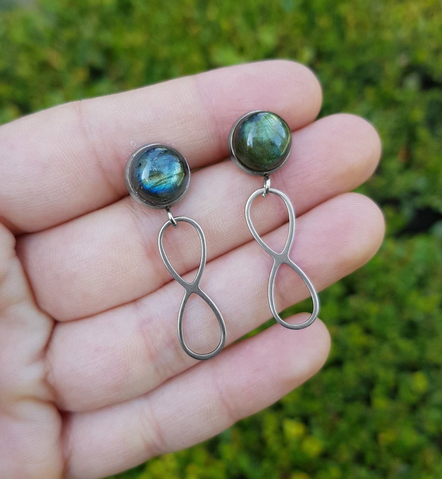 Labradorite Infinity Dangle Earrings, Surgical Steel Studs - LunarGem - 