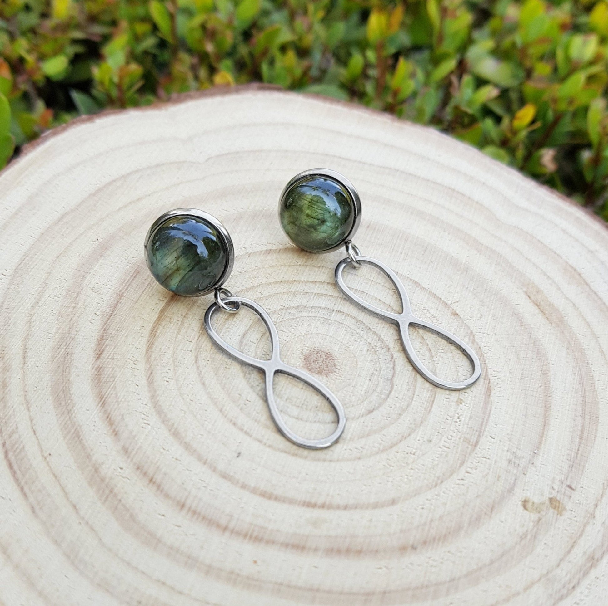 Labradorite Infinity Dangle Earrings, Surgical Steel Studs - LunarGem - 