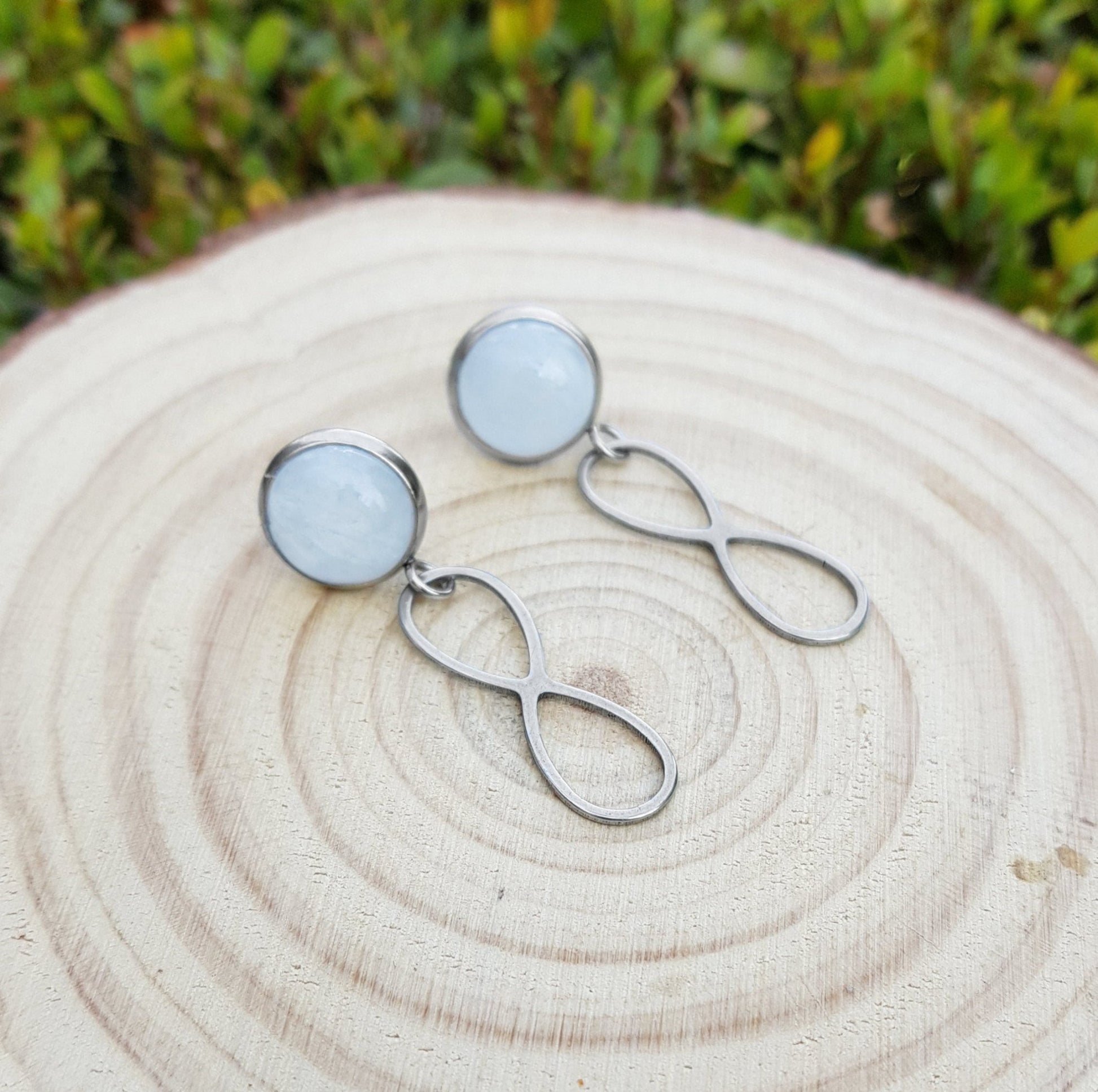 Labradorite Infinity Dangle Earrings, Surgical Steel Studs - LunarGem - 