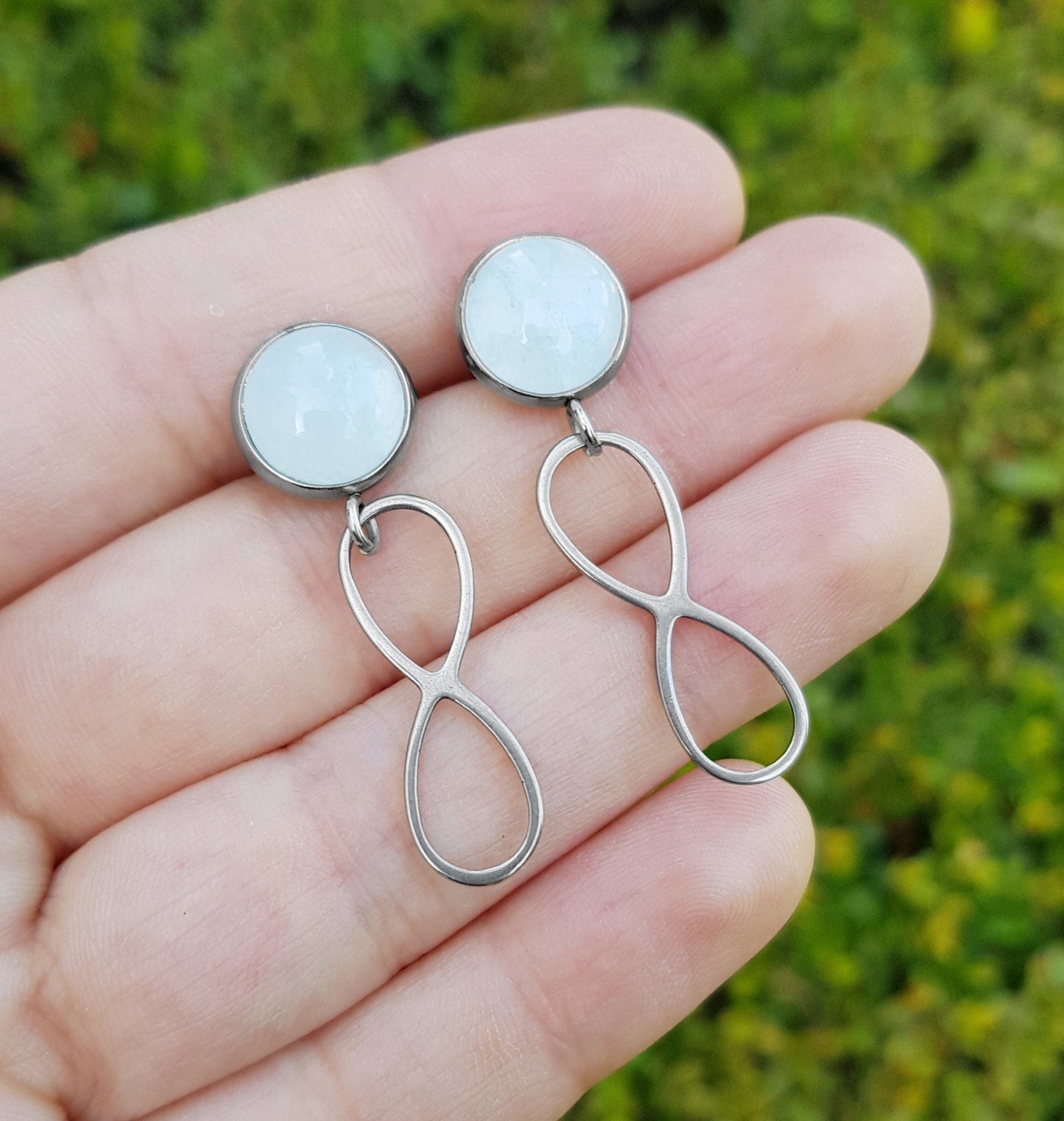 Labradorite Infinity Dangle Earrings, Surgical Steel Studs - LunarGem - 