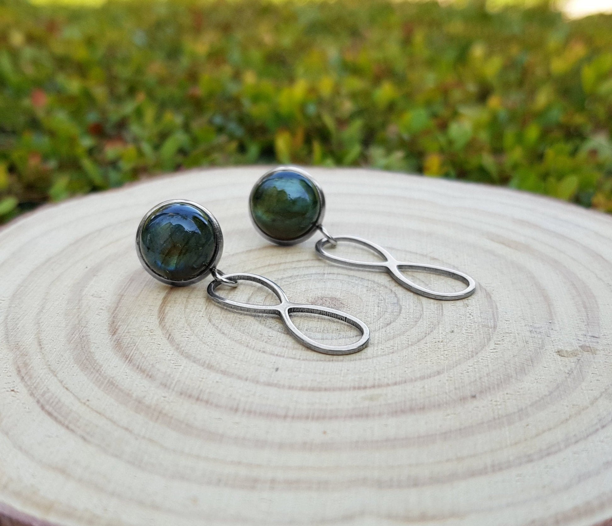 Labradorite Infinity Dangle Earrings, Surgical Steel Studs - LunarGem - 