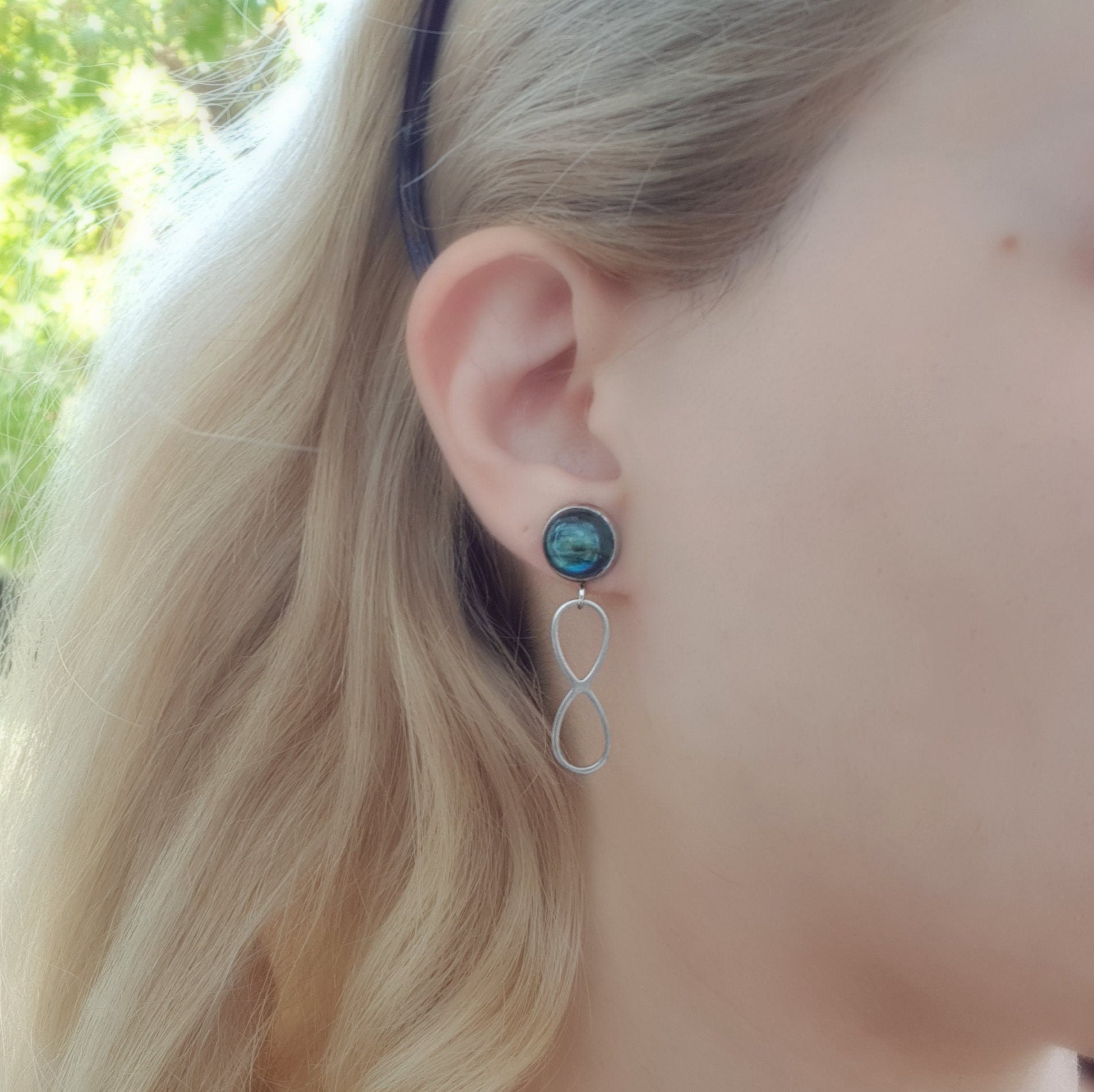 Labradorite Infinity Dangle Earrings, Surgical Steel Studs - LunarGem - 