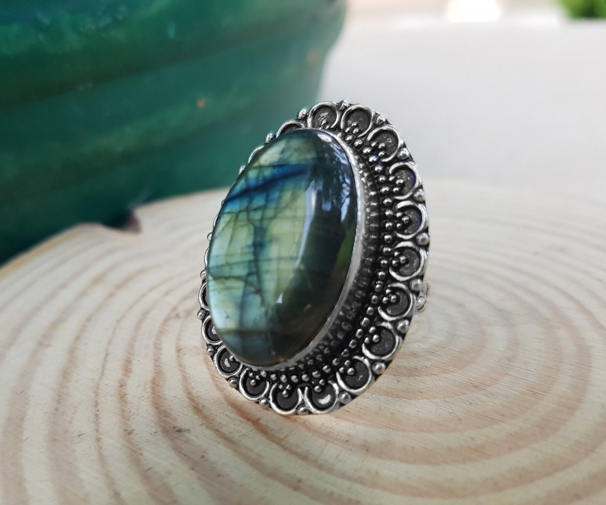 Labradorite Statement Ring In Sterling Silver, US 8 3/4 - LunarGem - 
