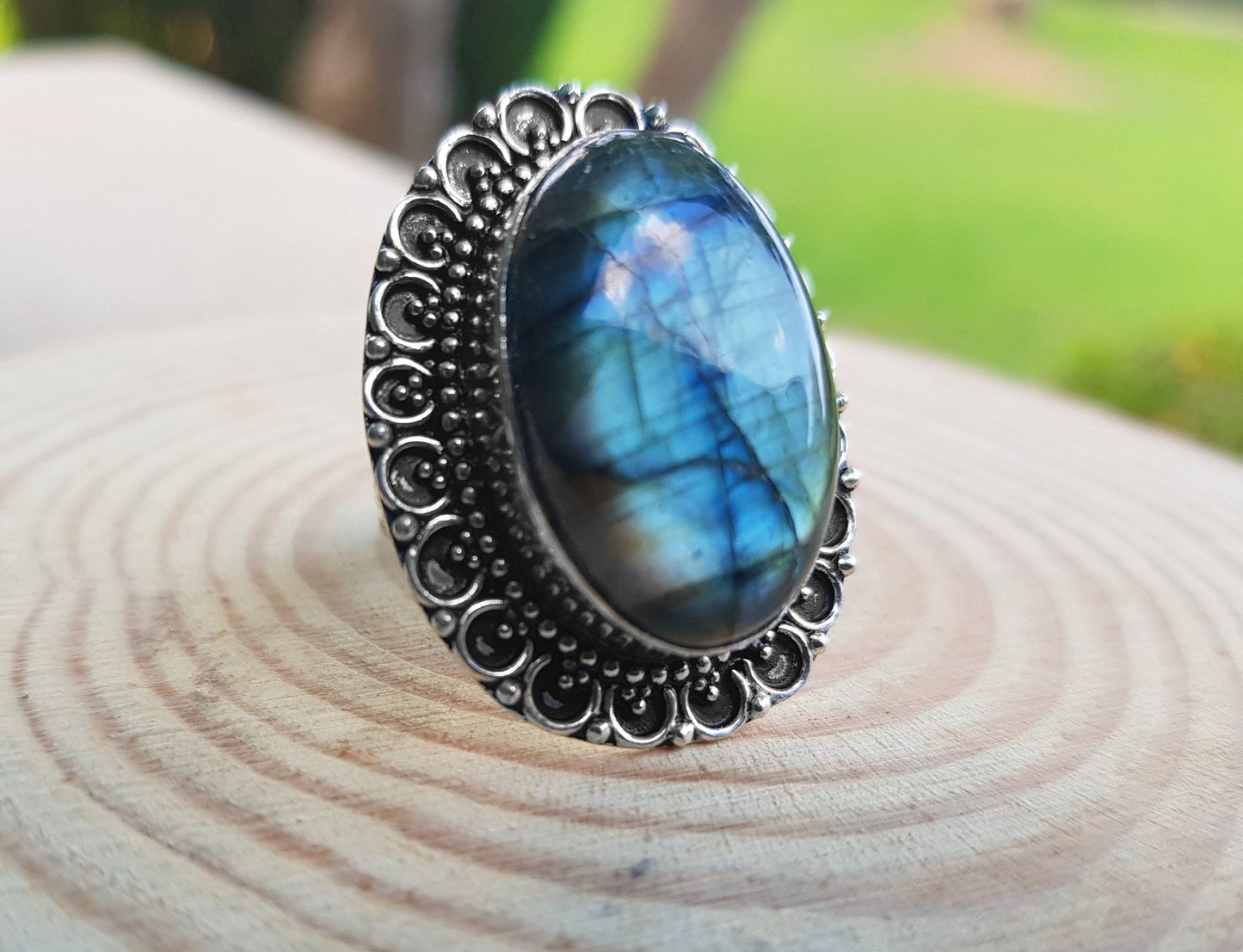 Labradorite Statement Ring In Sterling Silver, US 8 3/4 - LunarGem - 