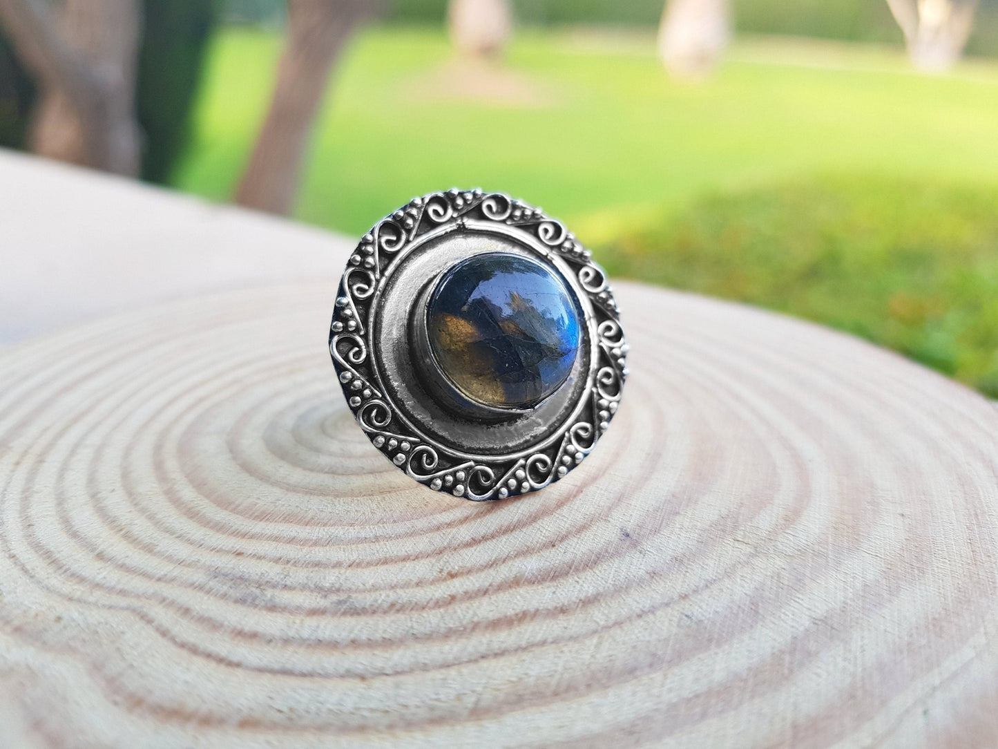Labradorite Statement Ring: Recycled Sterling Silver Boho Ring, US Size 7 - LunarGem - 