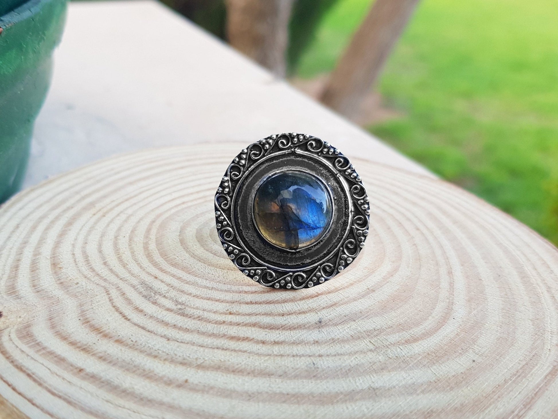 Labradorite Statement Ring: Recycled Sterling Silver Boho Ring, US Size 7 - LunarGem - 