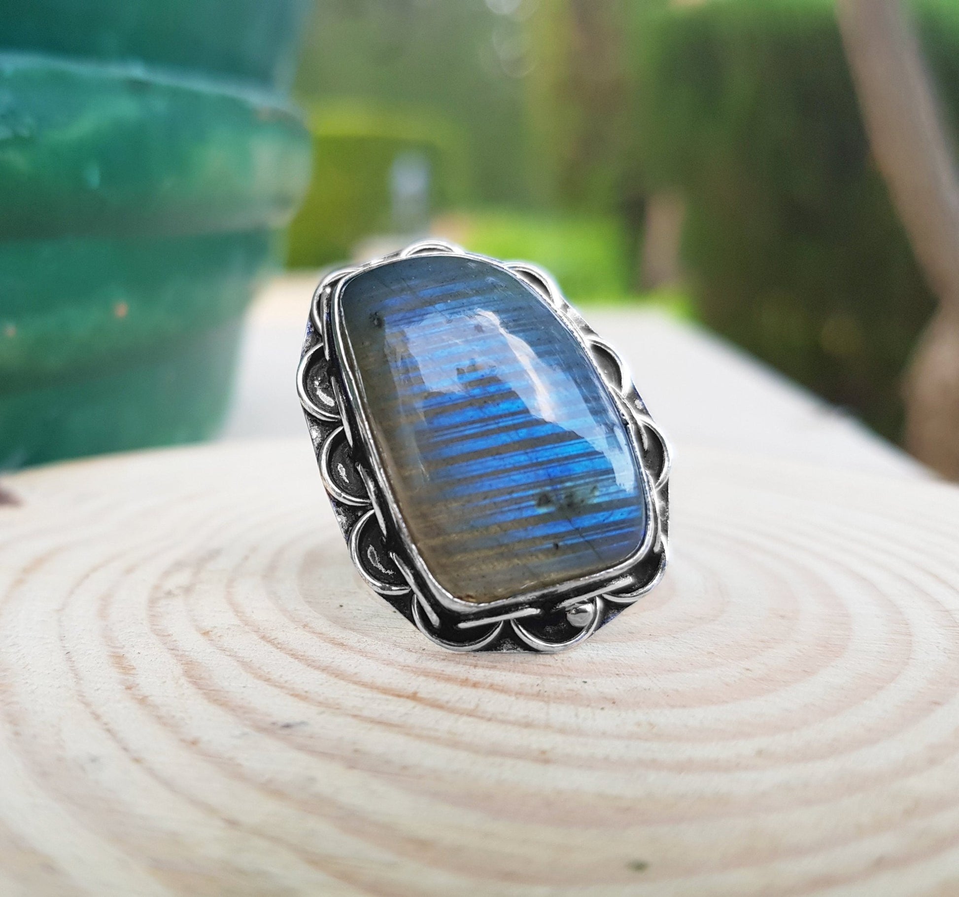 Labradorite Statement Ring: Recycled Sterling Silver Boho Ring, US Size 8.5 - LunarGem - 