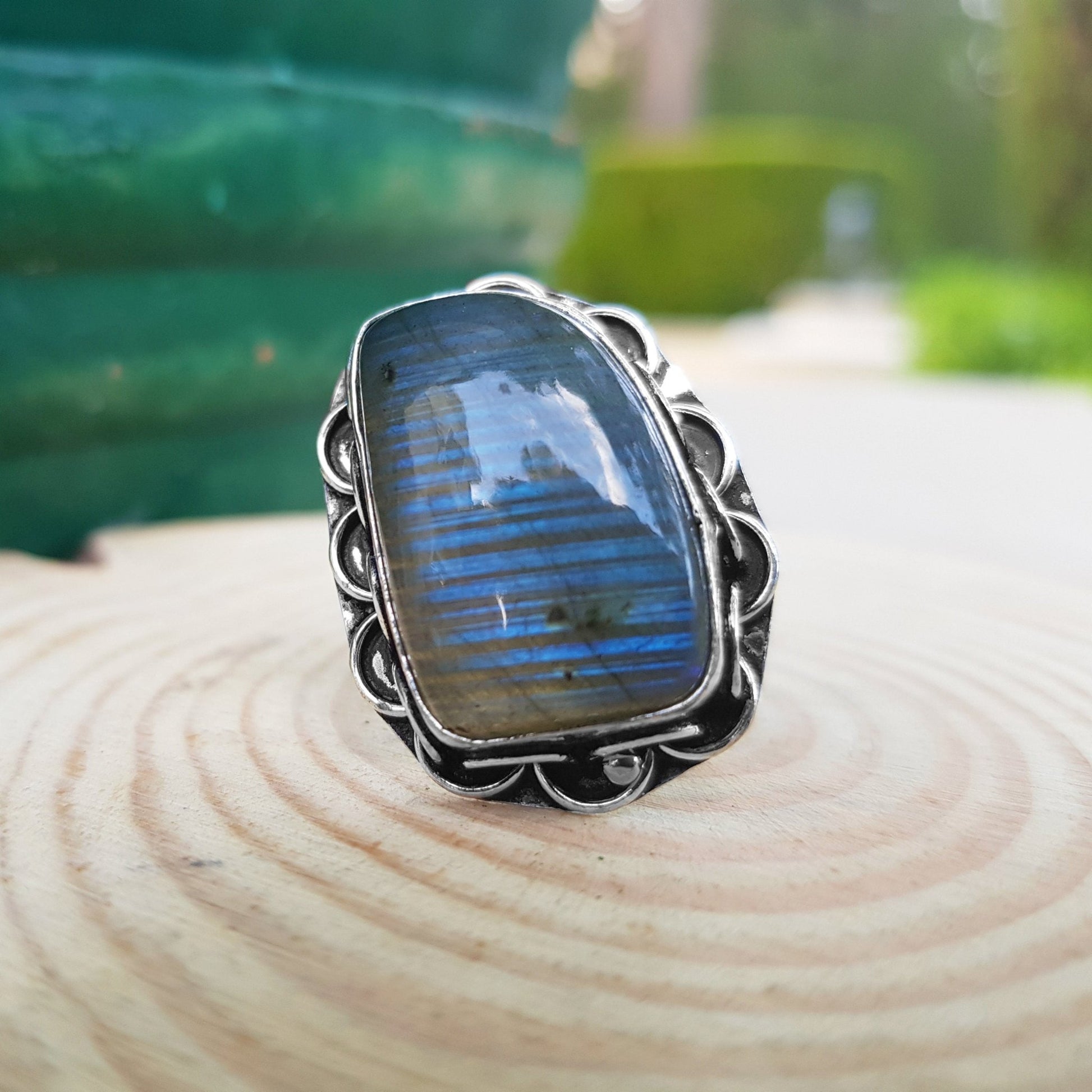 Labradorite Statement Ring: Recycled Sterling Silver Boho Ring, US Size 8.5 - LunarGem - 