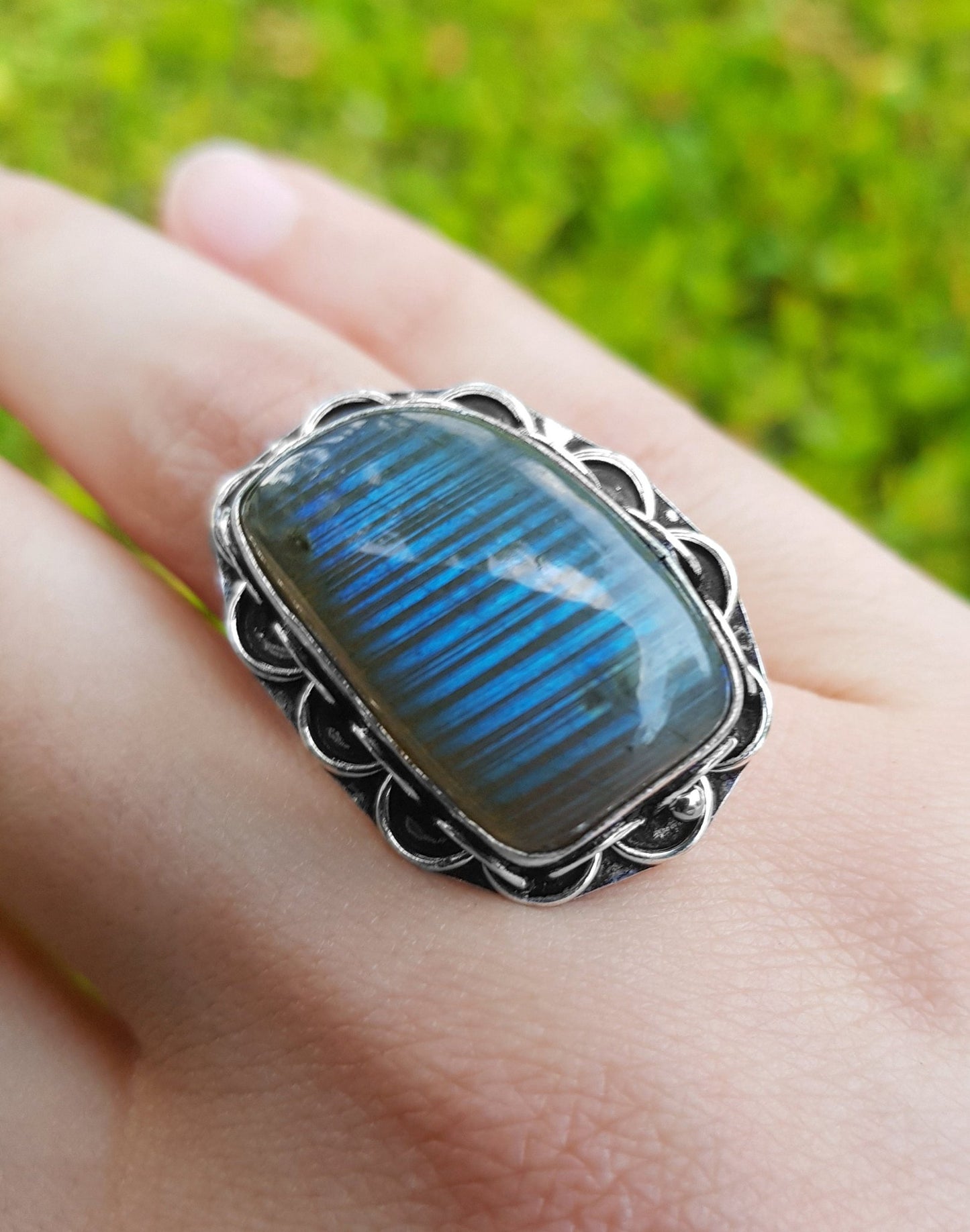Labradorite Statement Ring: Recycled Sterling Silver Boho Ring, US Size 8.5 - LunarGem - 