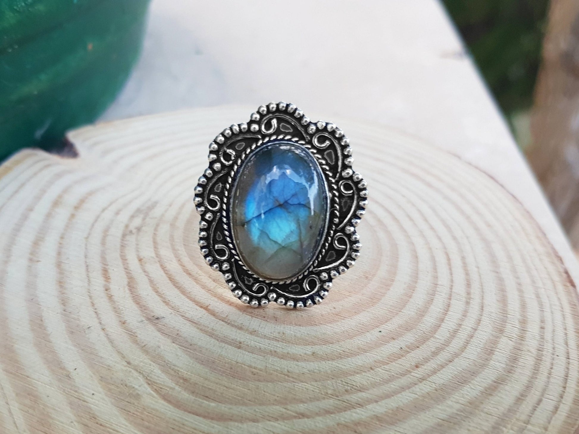 Labradorite Statement Ring: Recycled Sterling Silver, US Size 8.5 - LunarGem - 