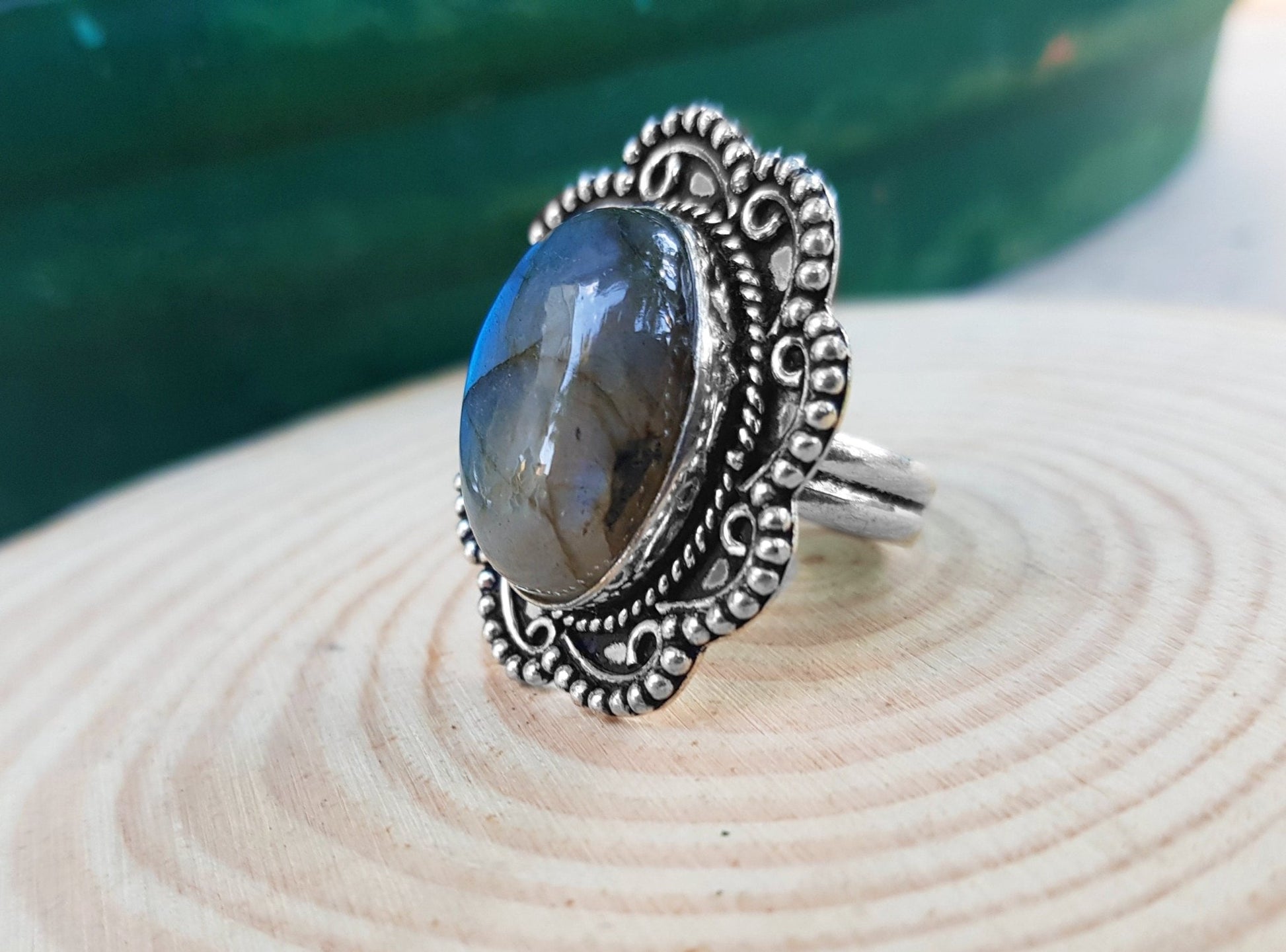 Labradorite Statement Ring: Recycled Sterling Silver, US Size 8.5 - LunarGem - 