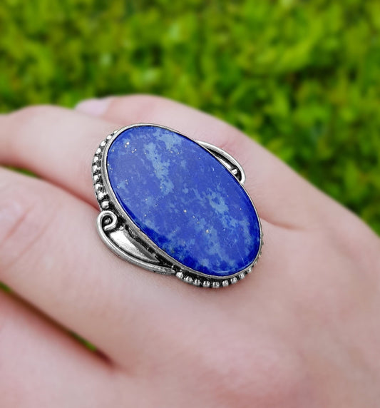 Lapis Lazuli Sterling Silver Ring - Boho Statement Ring, US Size 7.5 - LunarGem - Rings