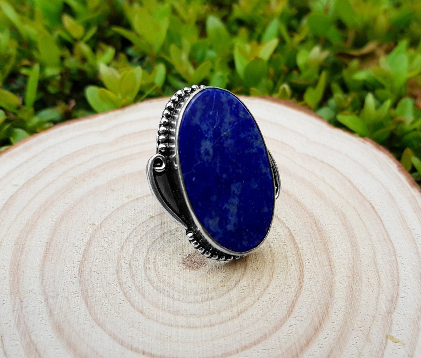Lapis Lazuli Sterling Silver Ring - Boho Statement Ring, US Size 7.5 - LunarGem - Rings