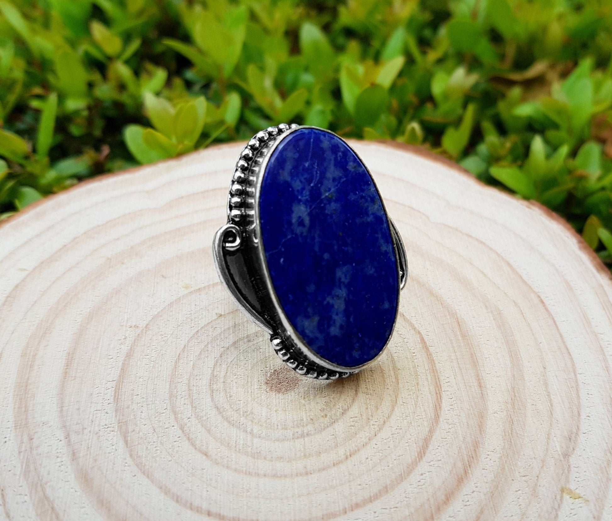 Lapis Lazuli Sterling Silver Ring - Boho Statement Ring, US Size 7.5 - LunarGem - Rings