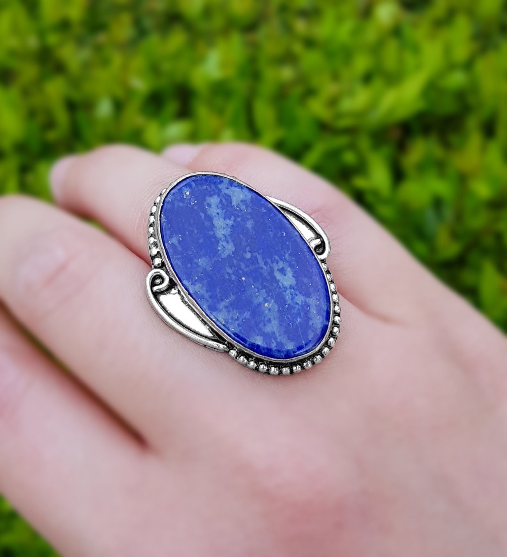 Lapis Lazuli Sterling Silver Ring - Boho Statement Ring, US Size 7.5 - LunarGem - Rings