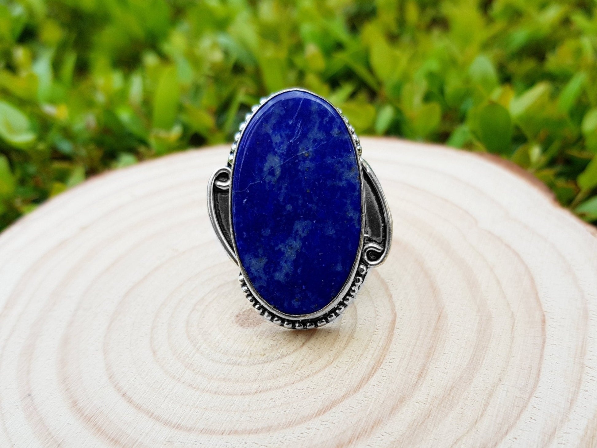 Lapis Lazuli Sterling Silver Ring - Boho Statement Ring, US Size 7.5 - LunarGem - Rings