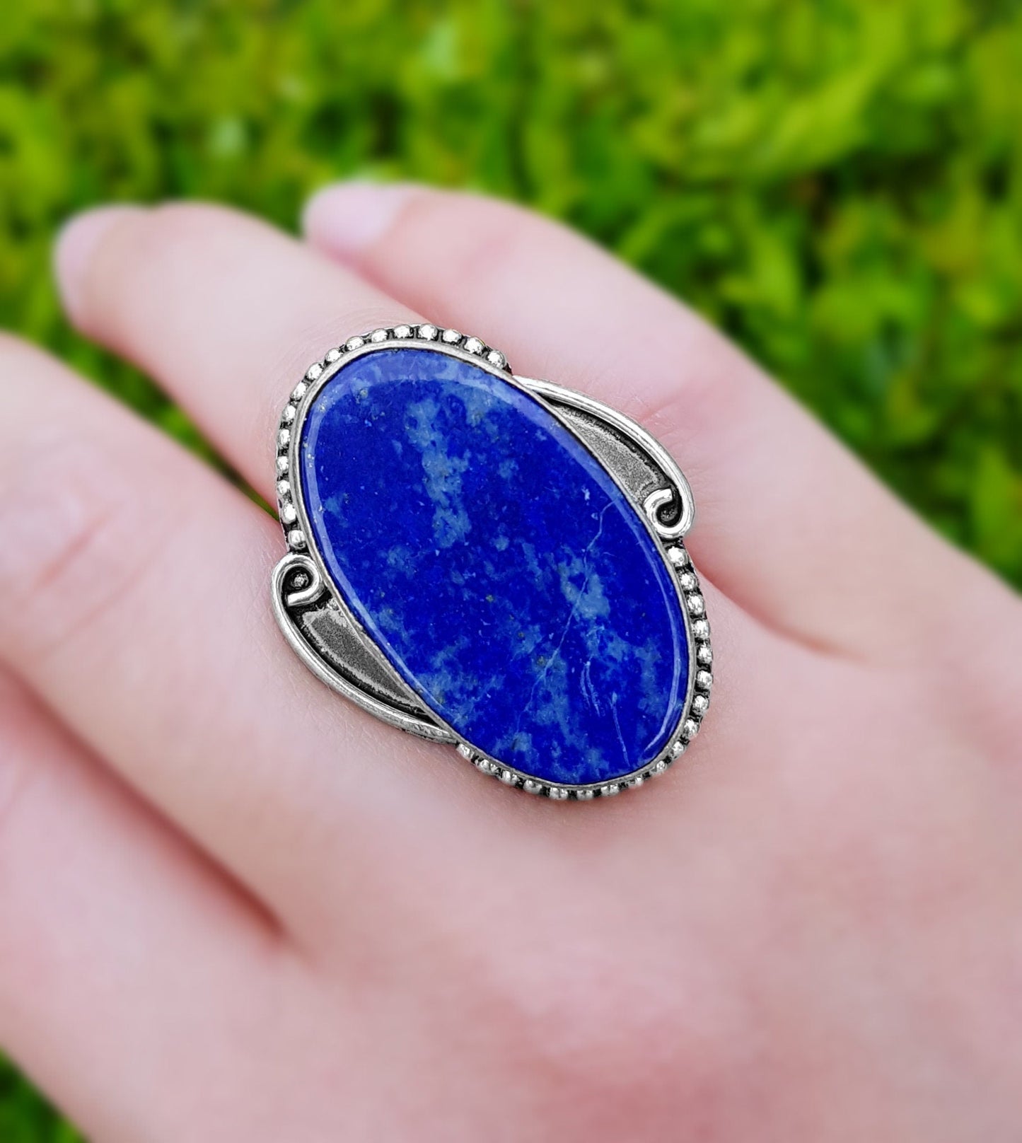 Lapis Lazuli Sterling Silver Ring - Boho Statement Ring, US Size 7.5 - LunarGem - Rings