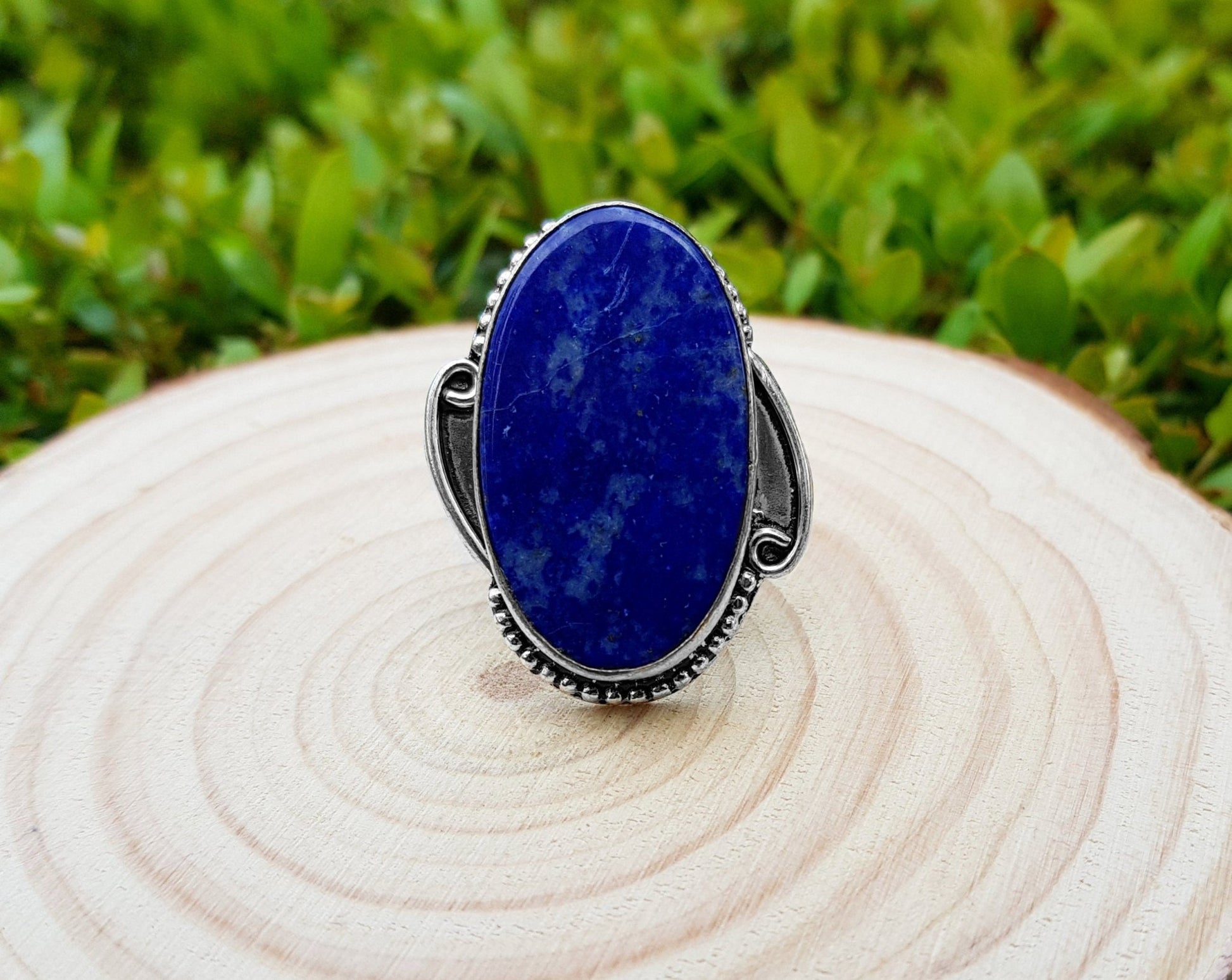 Lapis Lazuli Sterling Silver Ring - Boho Statement Ring, US Size 7.5 - LunarGem - Rings