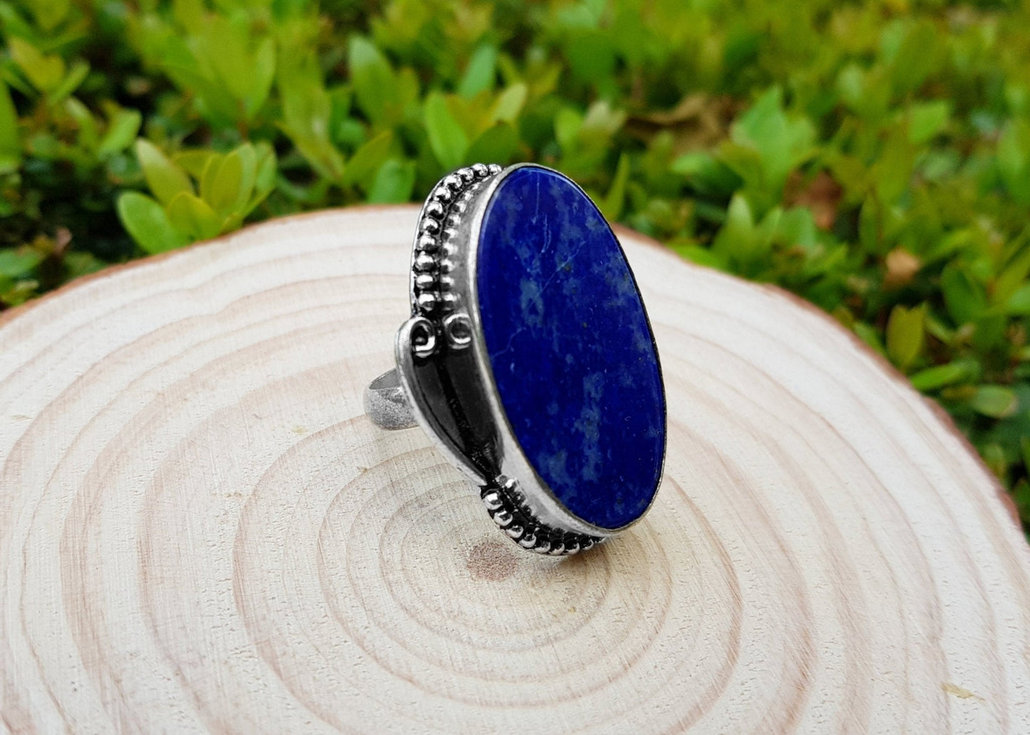 Lapis Lazuli Sterling Silver Ring - Boho Statement Ring, US Size 7.5 - LunarGem - Rings