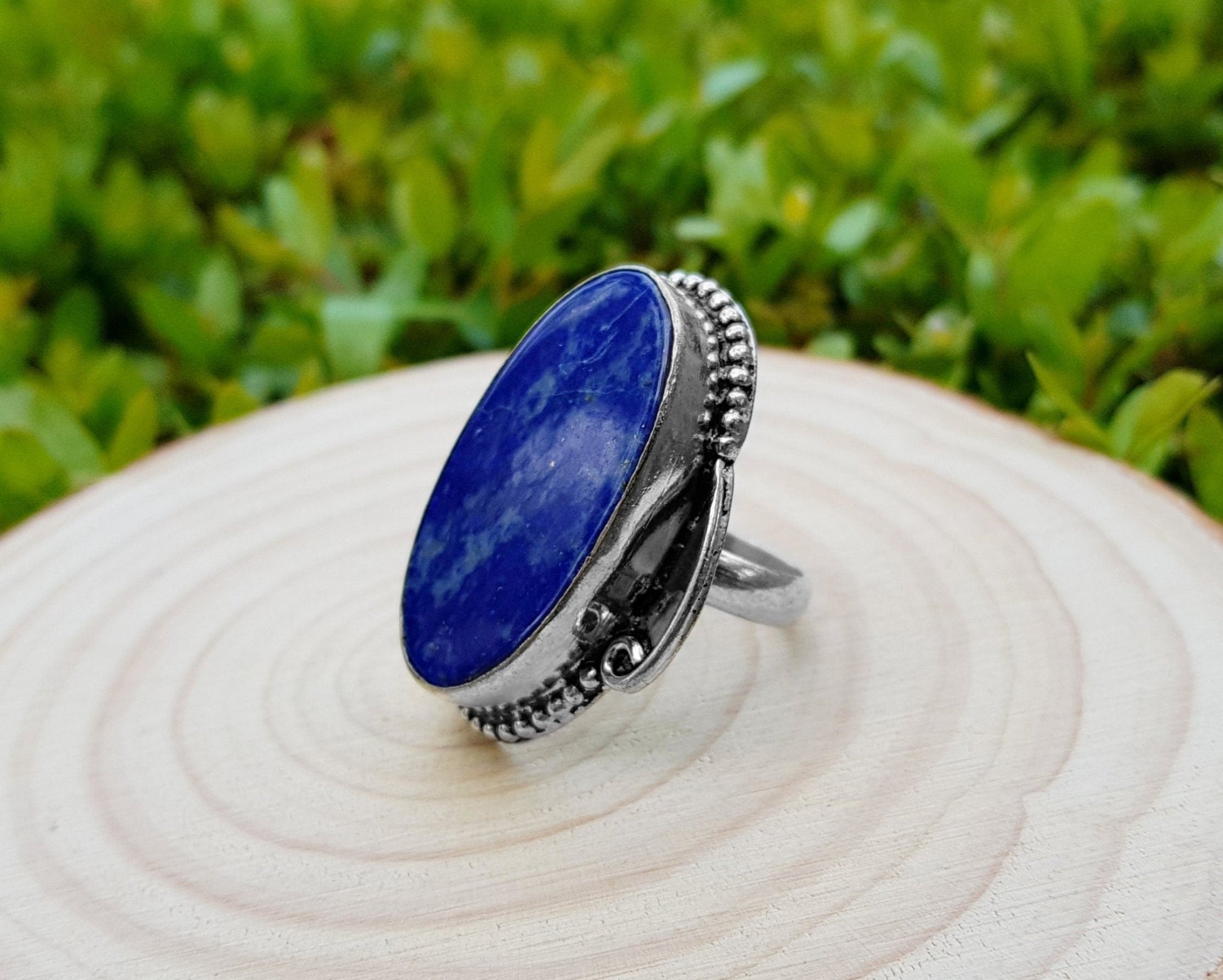 Lapis Lazuli Sterling Silver Ring - Boho Statement Ring, US Size 7.5 - LunarGem - Rings