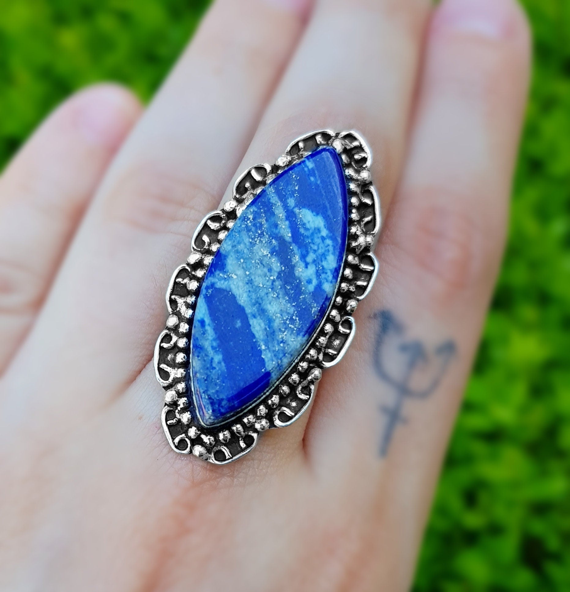 Lapis Lazuli Sterling Silver Ring, US Size 6, Boho Statement Jewelry - LunarGem - Rings