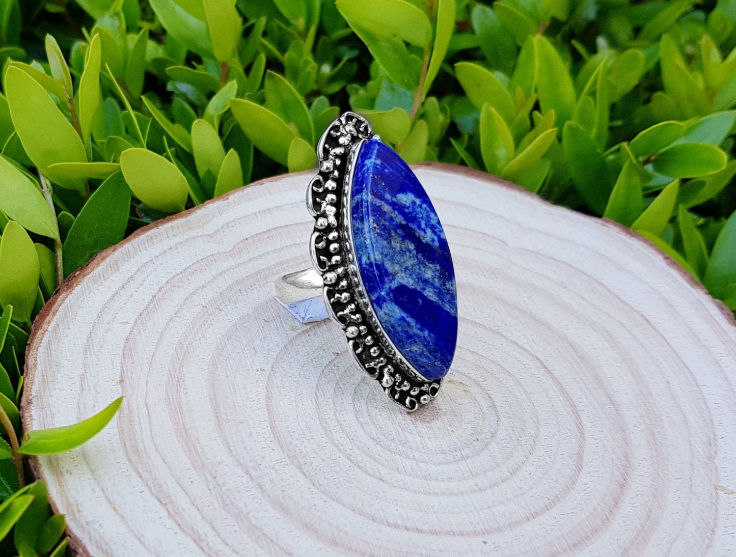 Lapis Lazuli Sterling Silver Ring, US Size 6, Boho Statement Jewelry - LunarGem - Rings