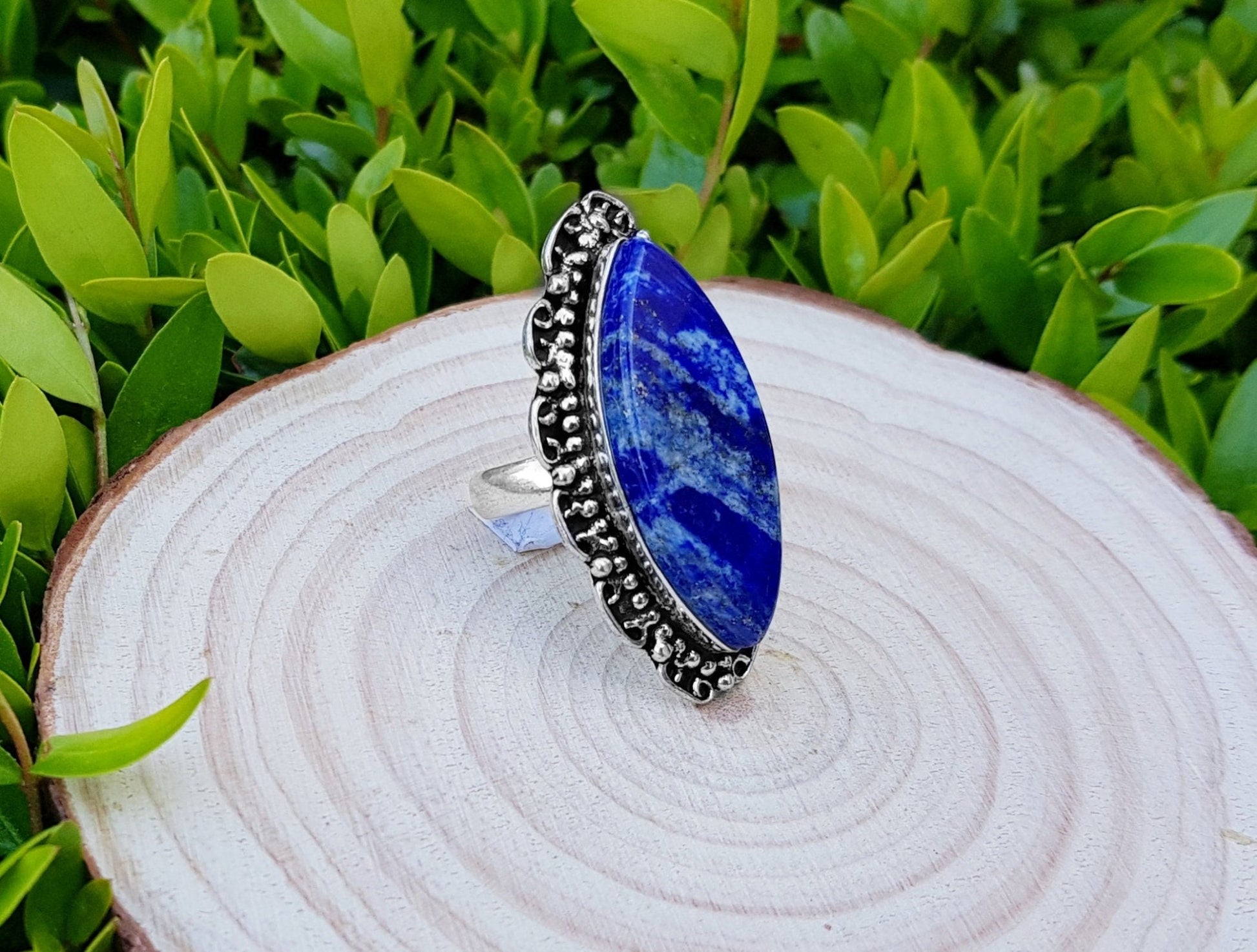 Lapis Lazuli Sterling Silver Ring, US Size 6, Boho Statement Jewelry - LunarGem - Rings