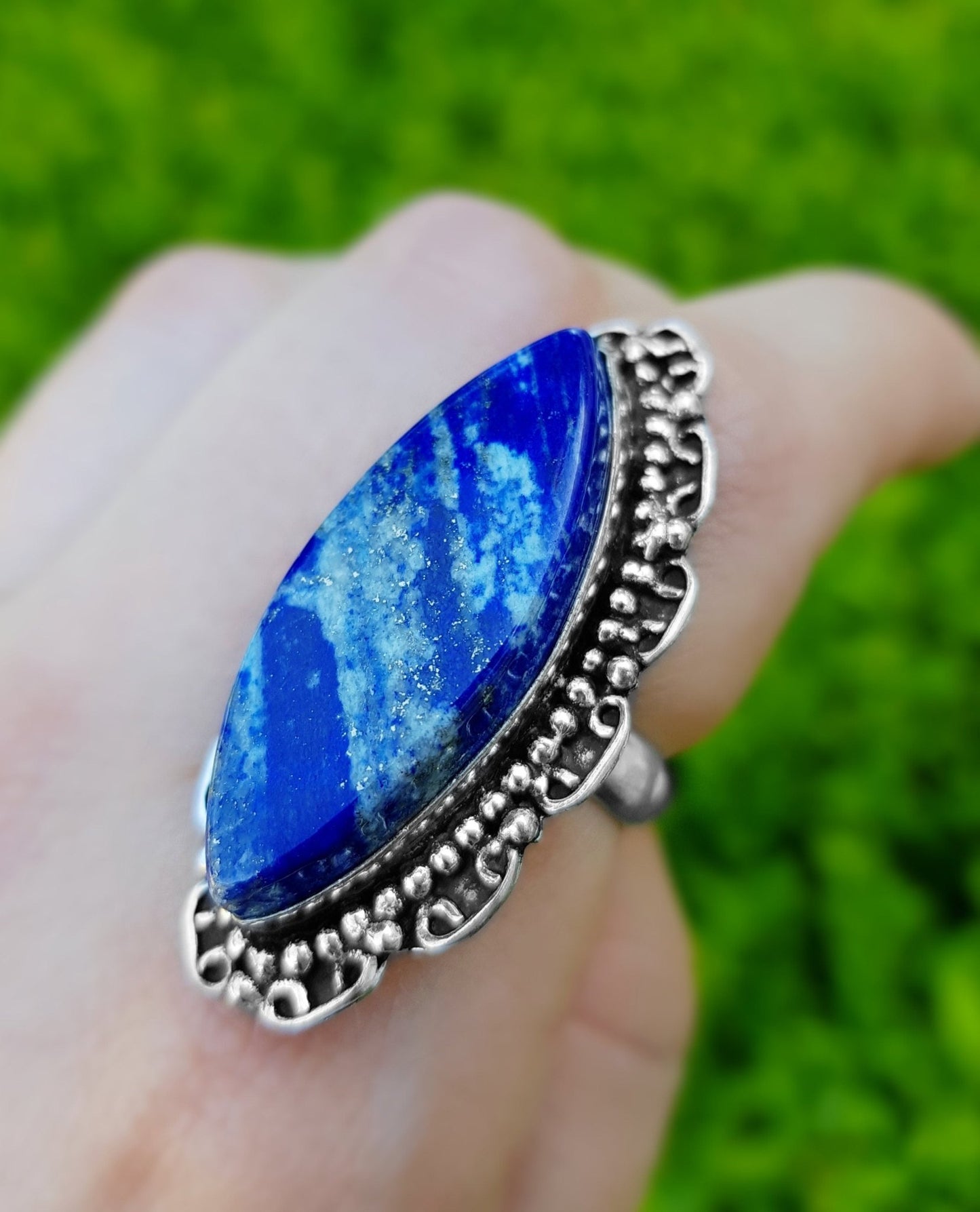 Lapis Lazuli Sterling Silver Ring, US Size 6, Boho Statement Jewelry - LunarGem - Rings