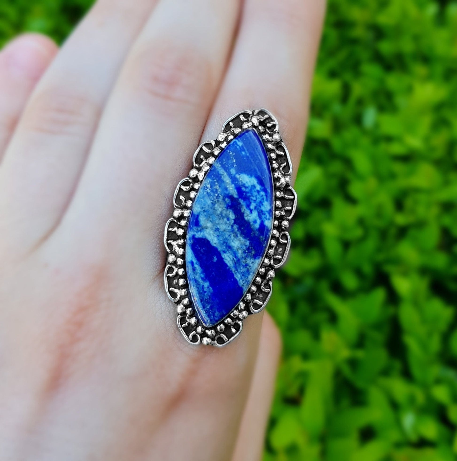 Lapis Lazuli Sterling Silver Ring, US Size 6, Boho Statement Jewelry - LunarGem - Rings