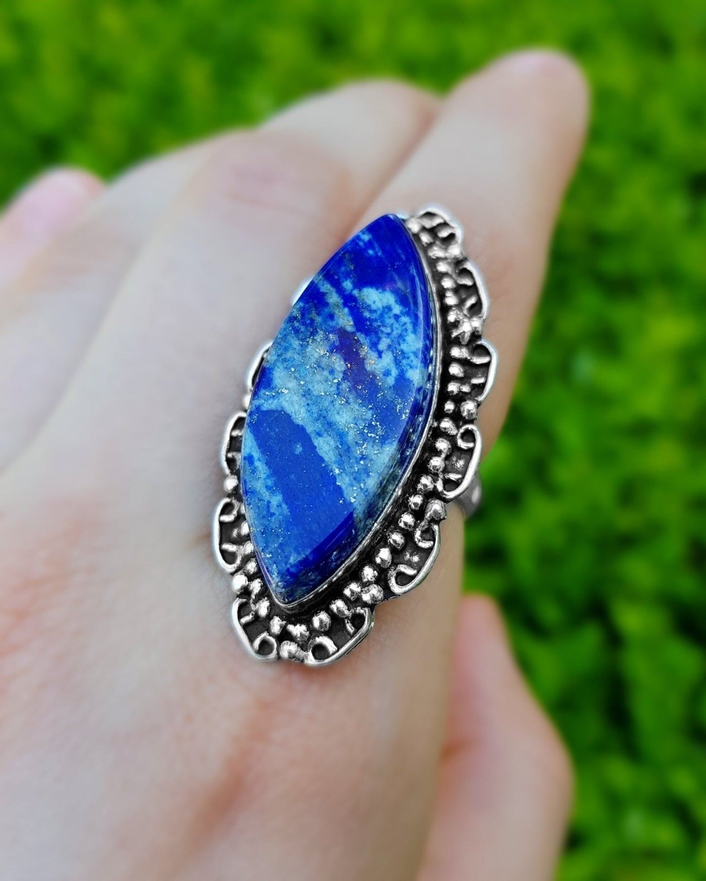 Lapis Lazuli Sterling Silver Ring, US Size 6, Boho Statement Jewelry - LunarGem - Rings
