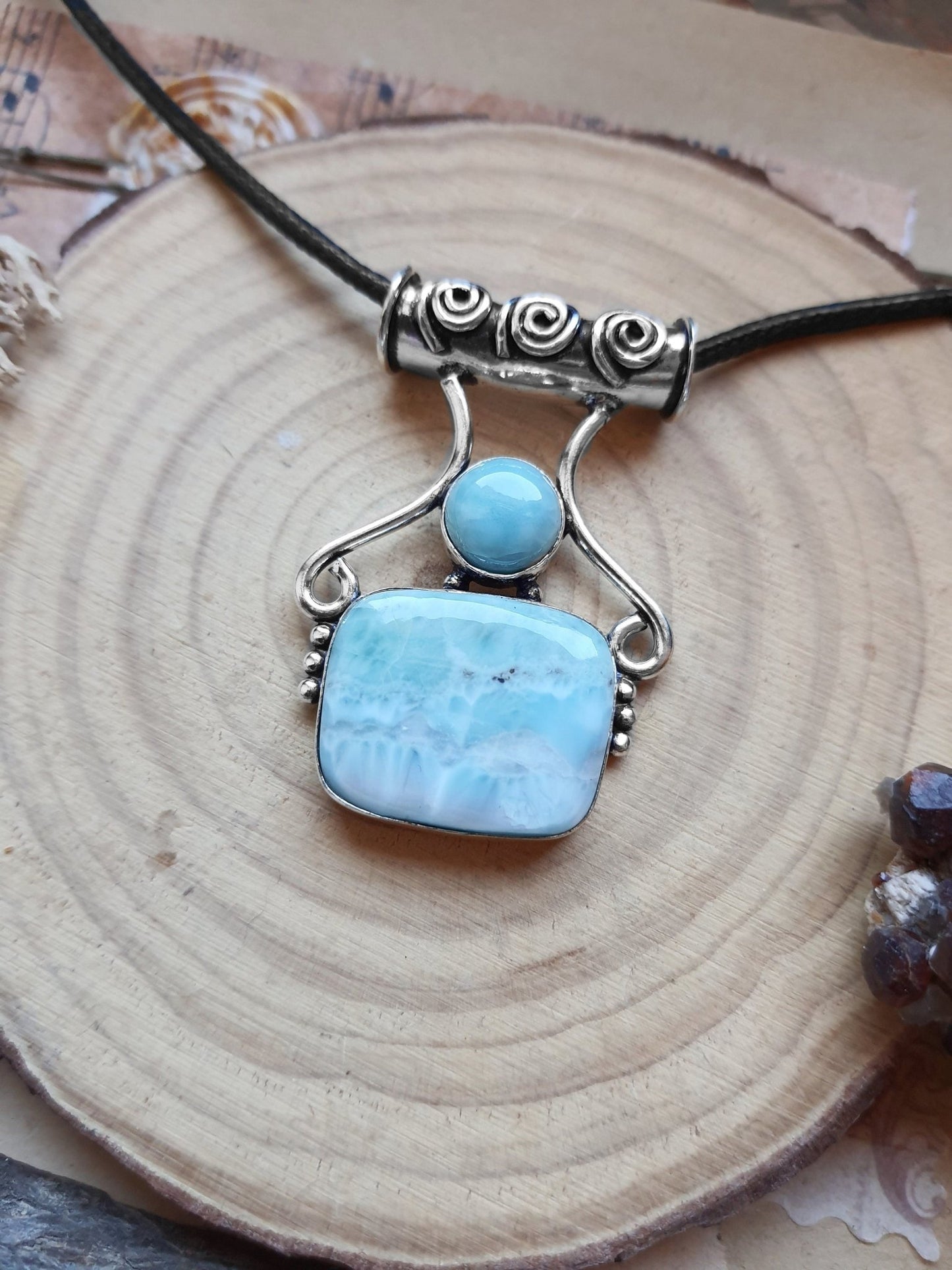 Larimar Statement Pendant, Sterling Silver Boho Necklace - LunarGem - Charms & Pendants