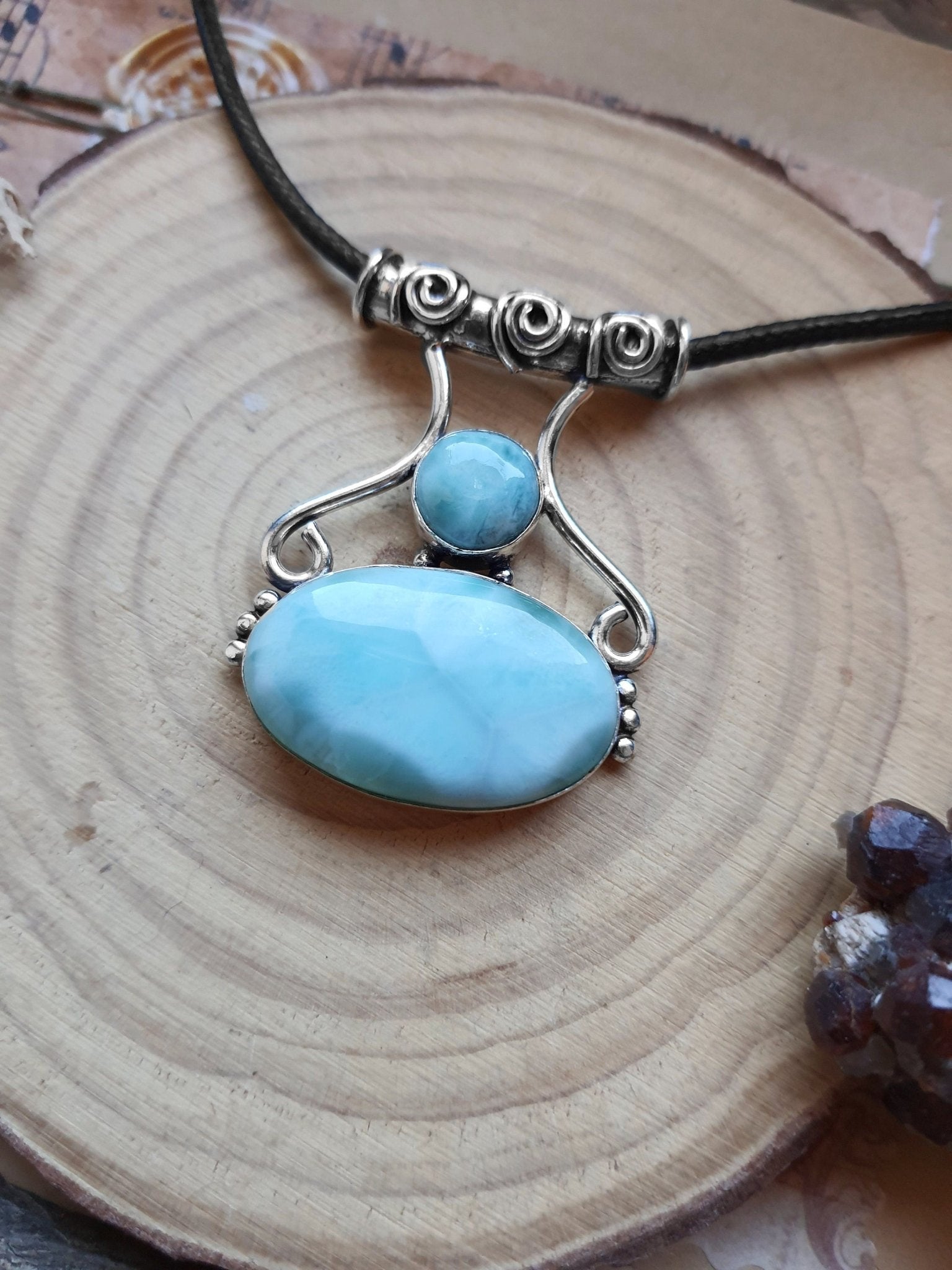Larimar Statement Pendant, Sterling Silver Boho Necklace - LunarGem - Charms & Pendants